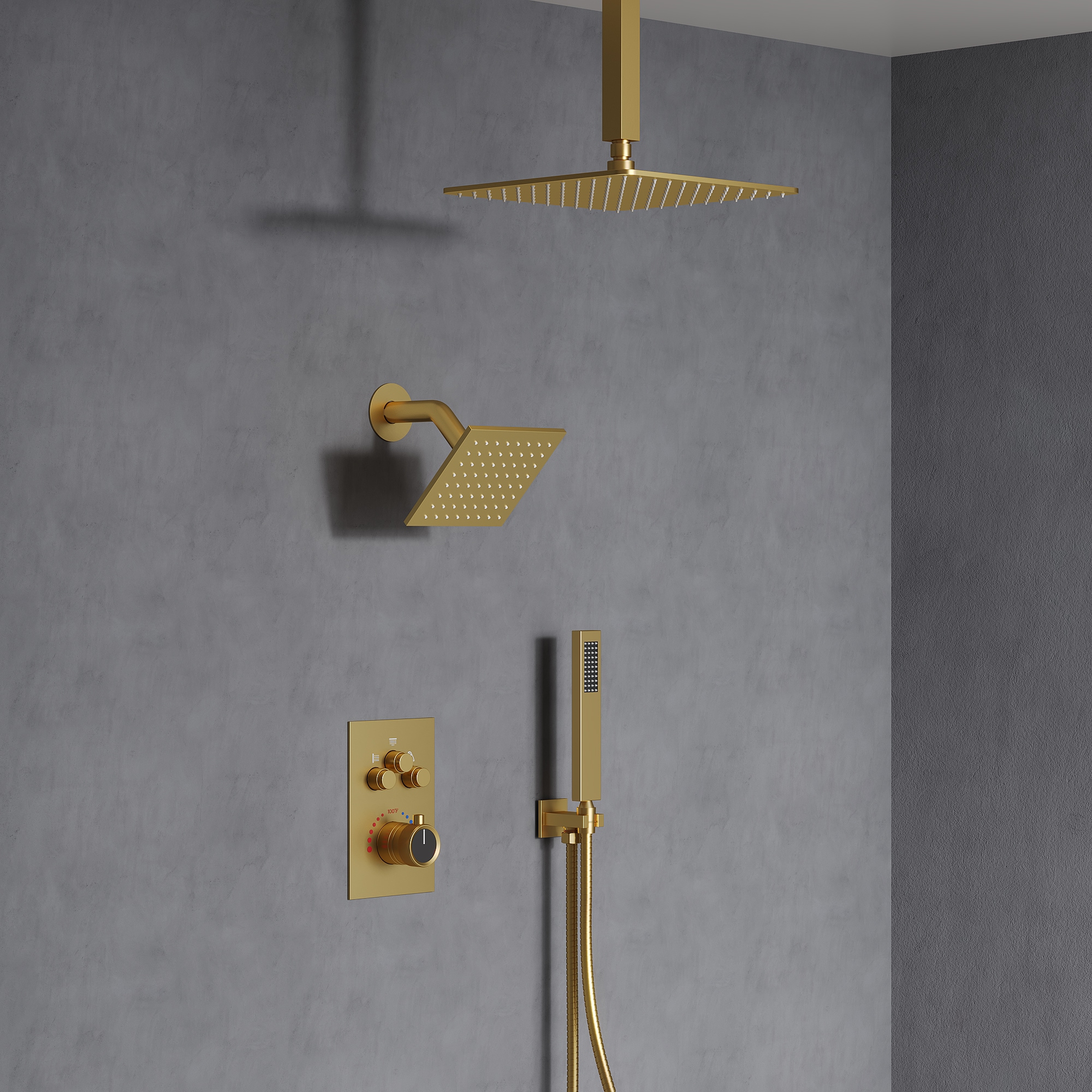 EVERSTEIN Q-923-OTOP DualCascade Brushed Gold 12-in Dual Head Shower Faucet Bar System ( Thermostatic Valve Included )