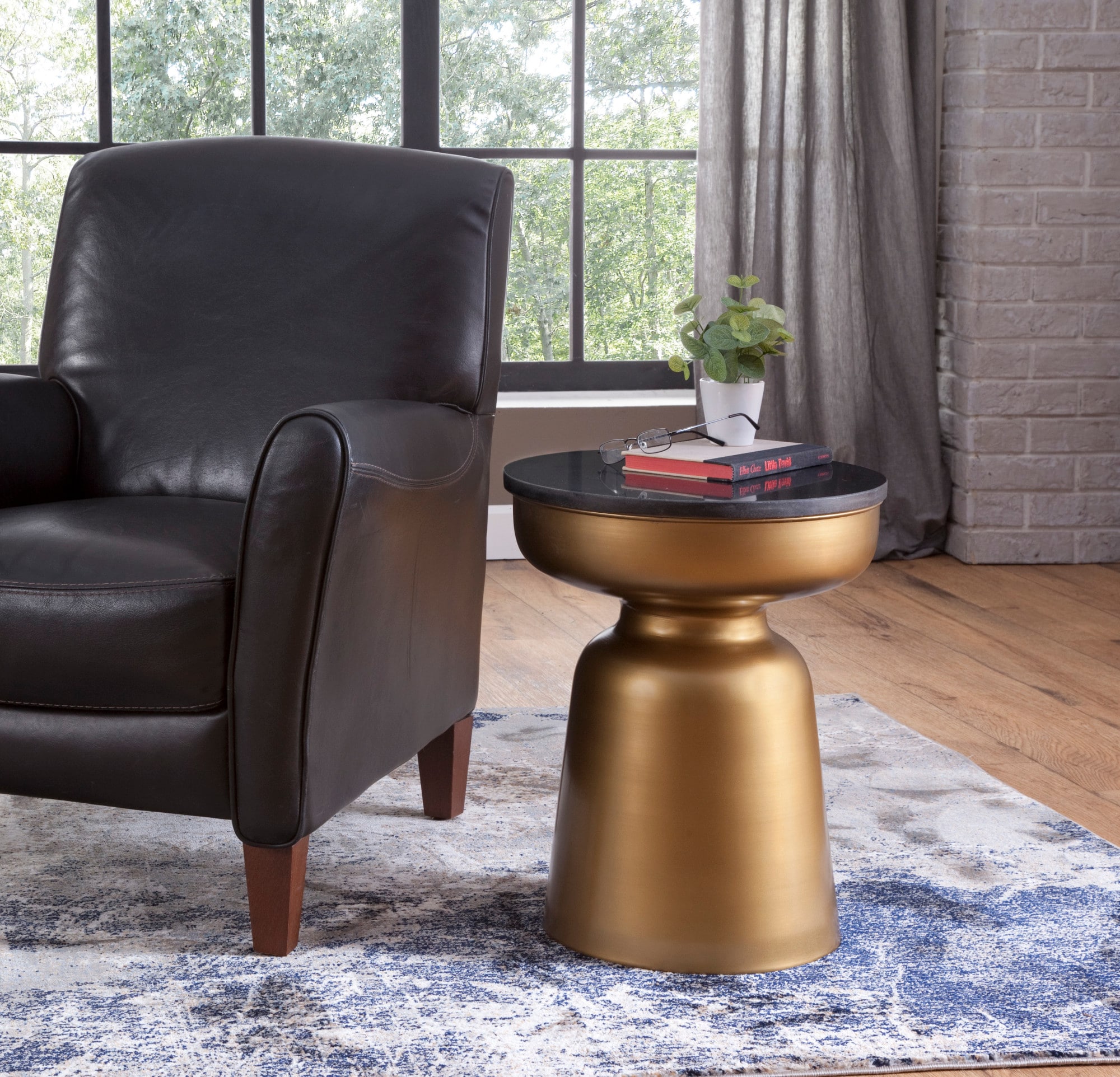 Contemporary Round Stone Top Metal Frame End Table