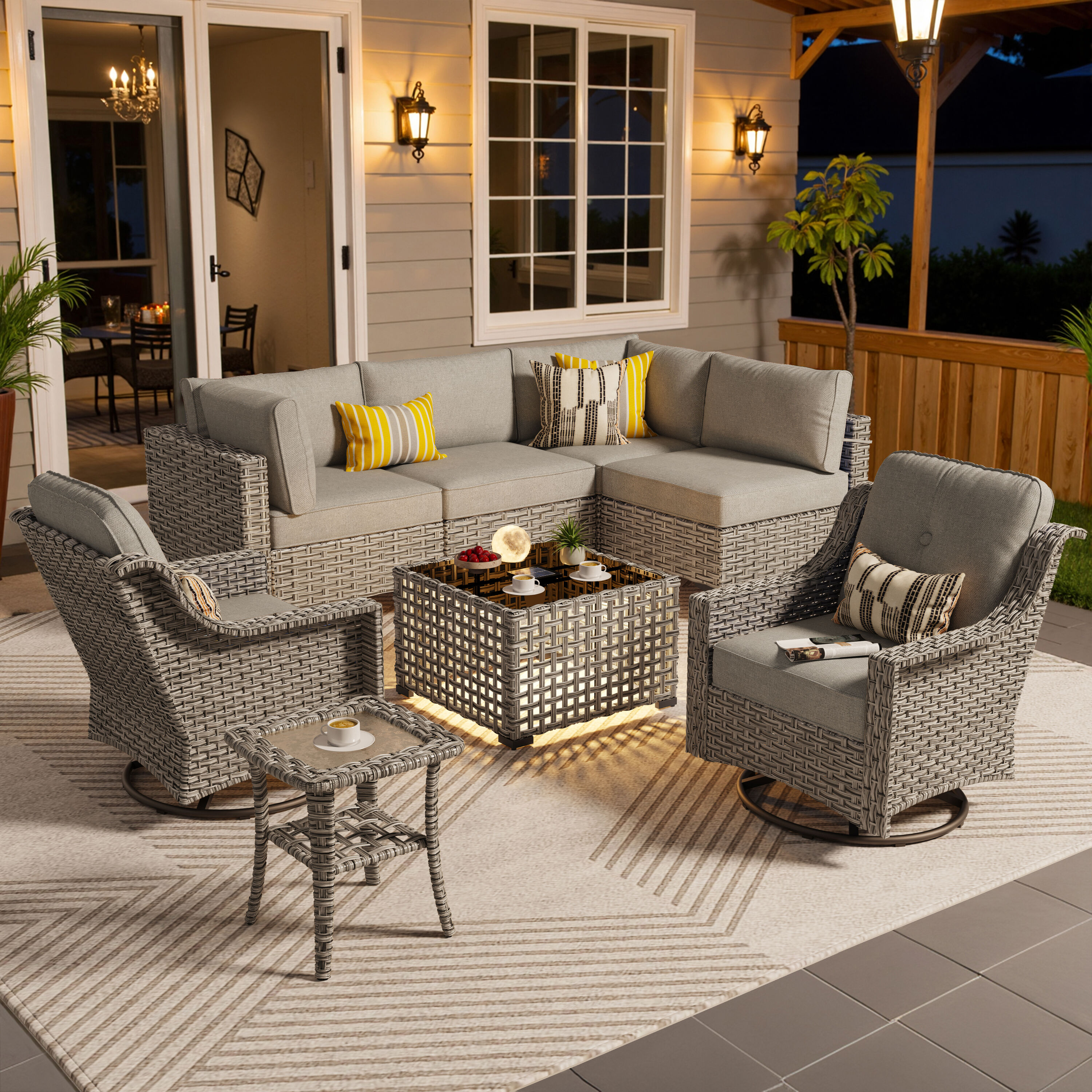 Ovios SK208YP 8 -Piece Wicker Patio Conversation Set with Dark Gray Cushions