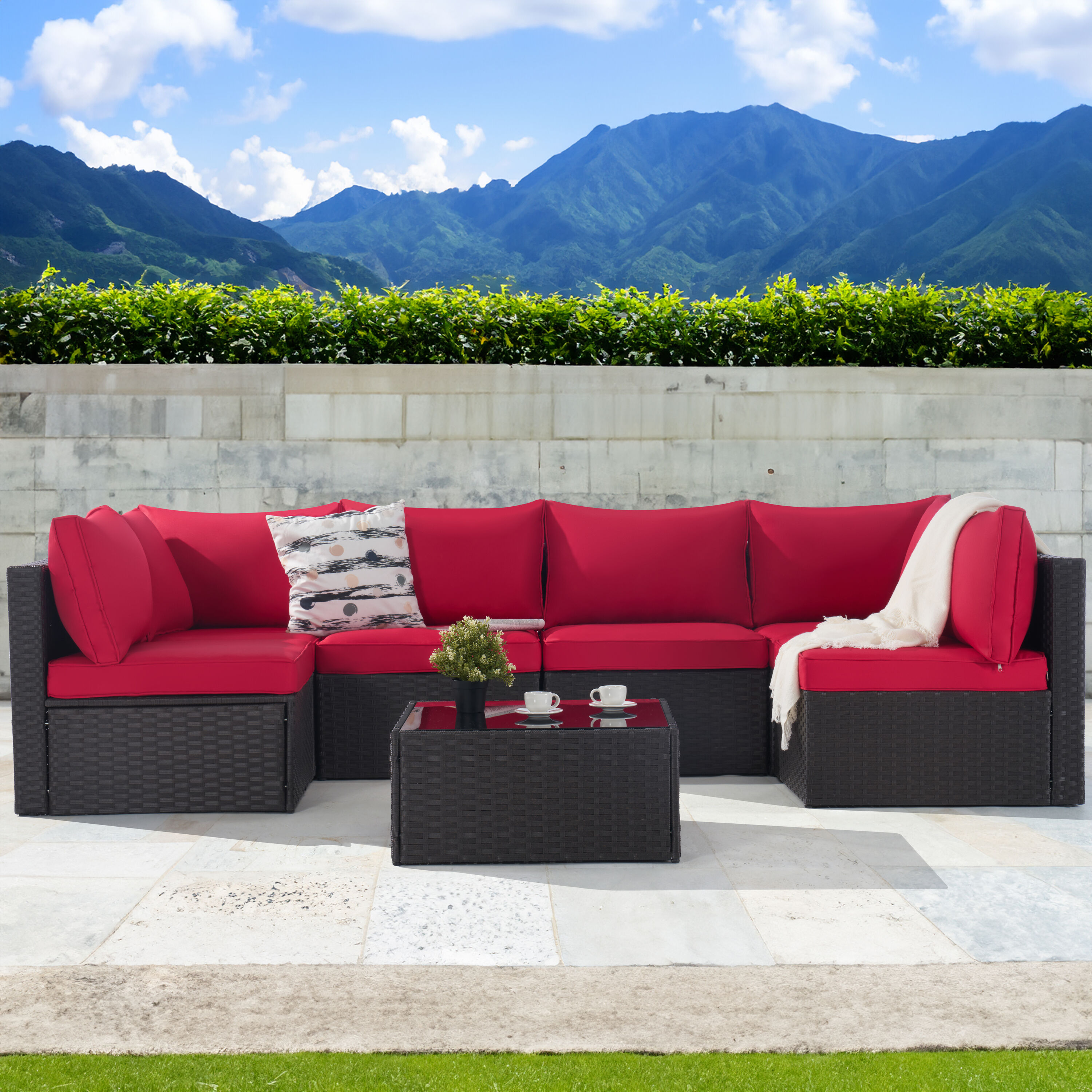SANSTAR L-WS703-RD-V1 Patio Conversation Set 7 -Piece Wicker Patio Conversation Set with Red Cushions