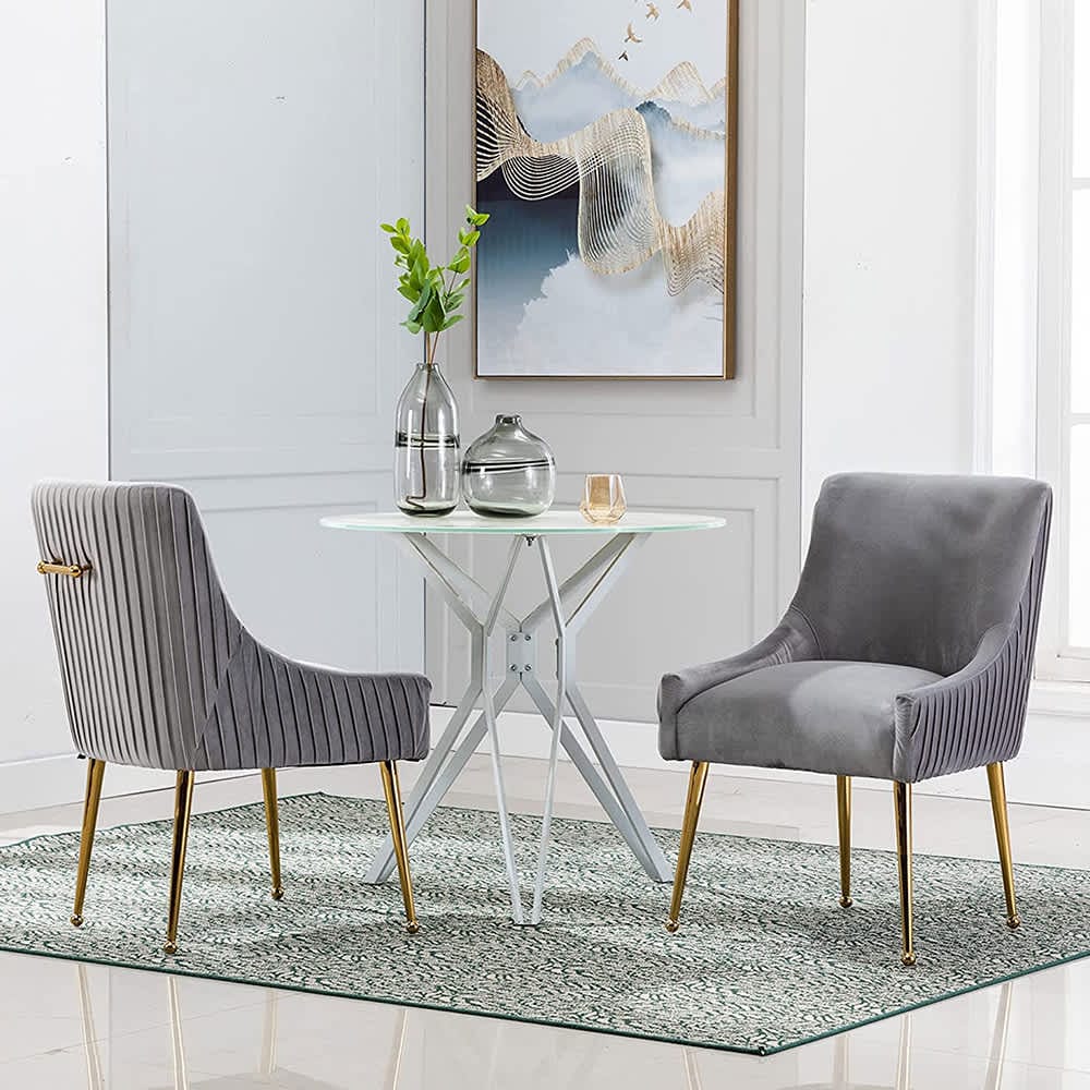 SEYNAR XY441-GREY-S2 Modern Glam Boucle Pleated Velvet Dining Chair or Vanity Chair Set of 2 with Rear Handle