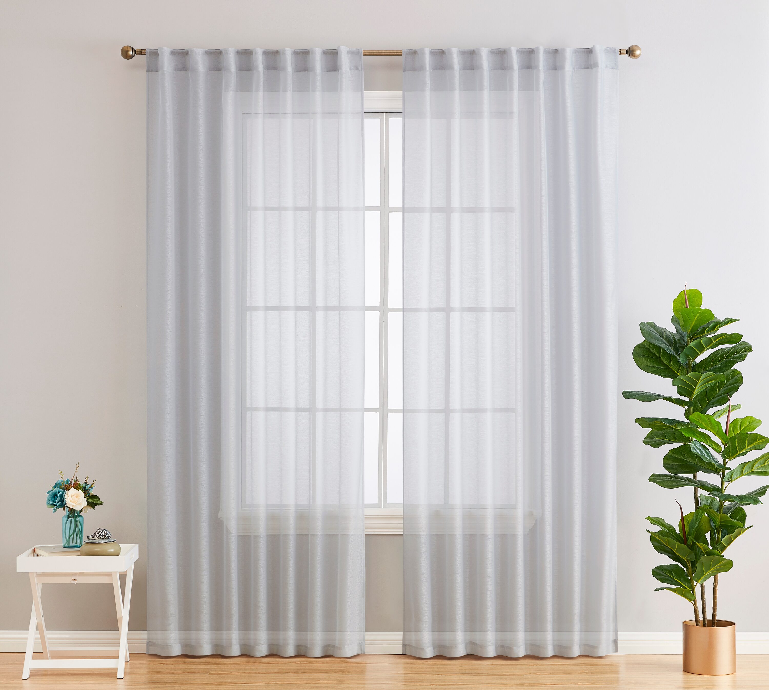HLC.me LAURN-BTRP-72-SLVR 72-Inches Silver Grey Semi-sheer Rod pocket Curtain panel pair