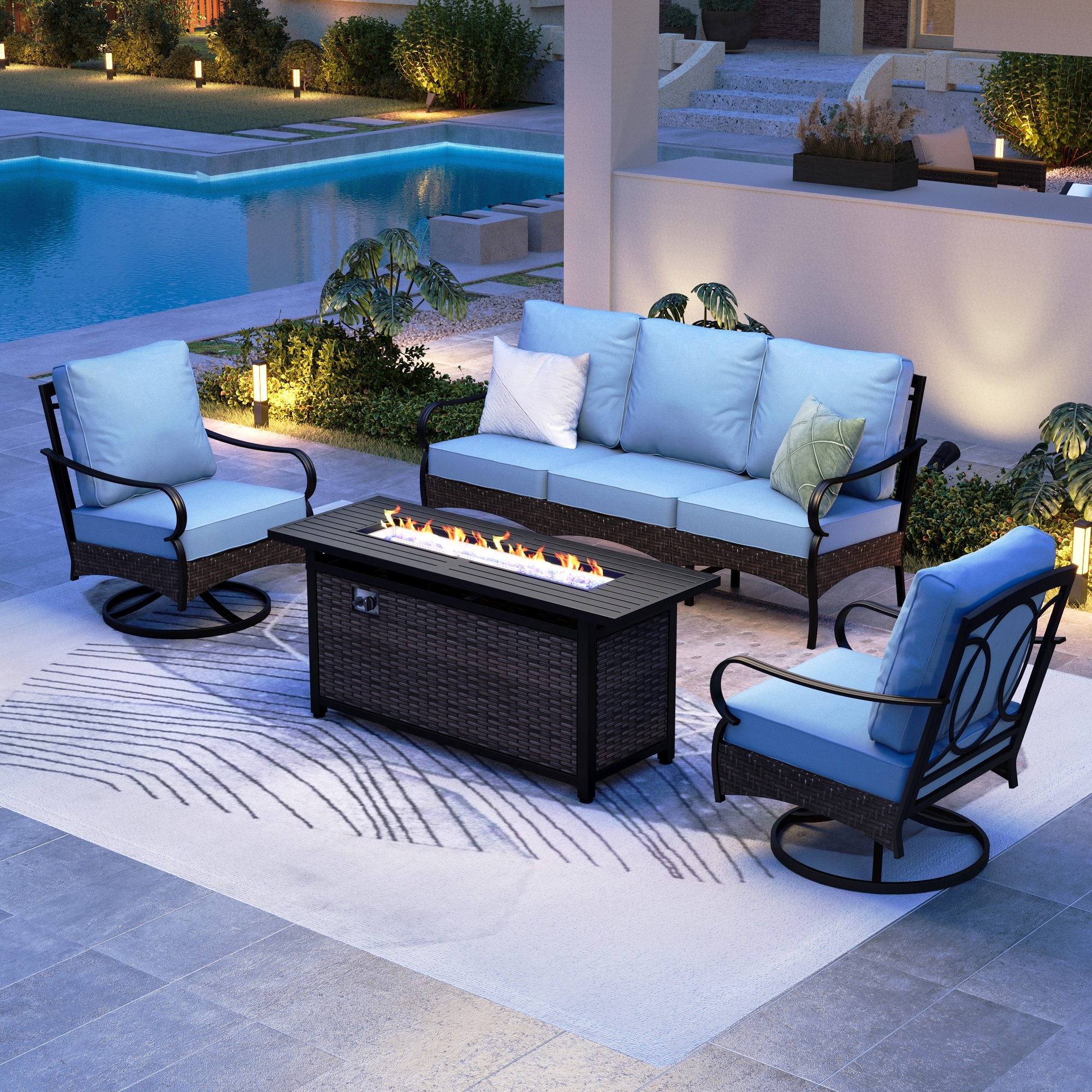 Sunshine Valley CR001-09-5-GS103-BL Patio Furniture Set with Fire Pit 4 -Piece Wicker Patio Sofa Conversation Set with Blue CUSHION PRO Cushions