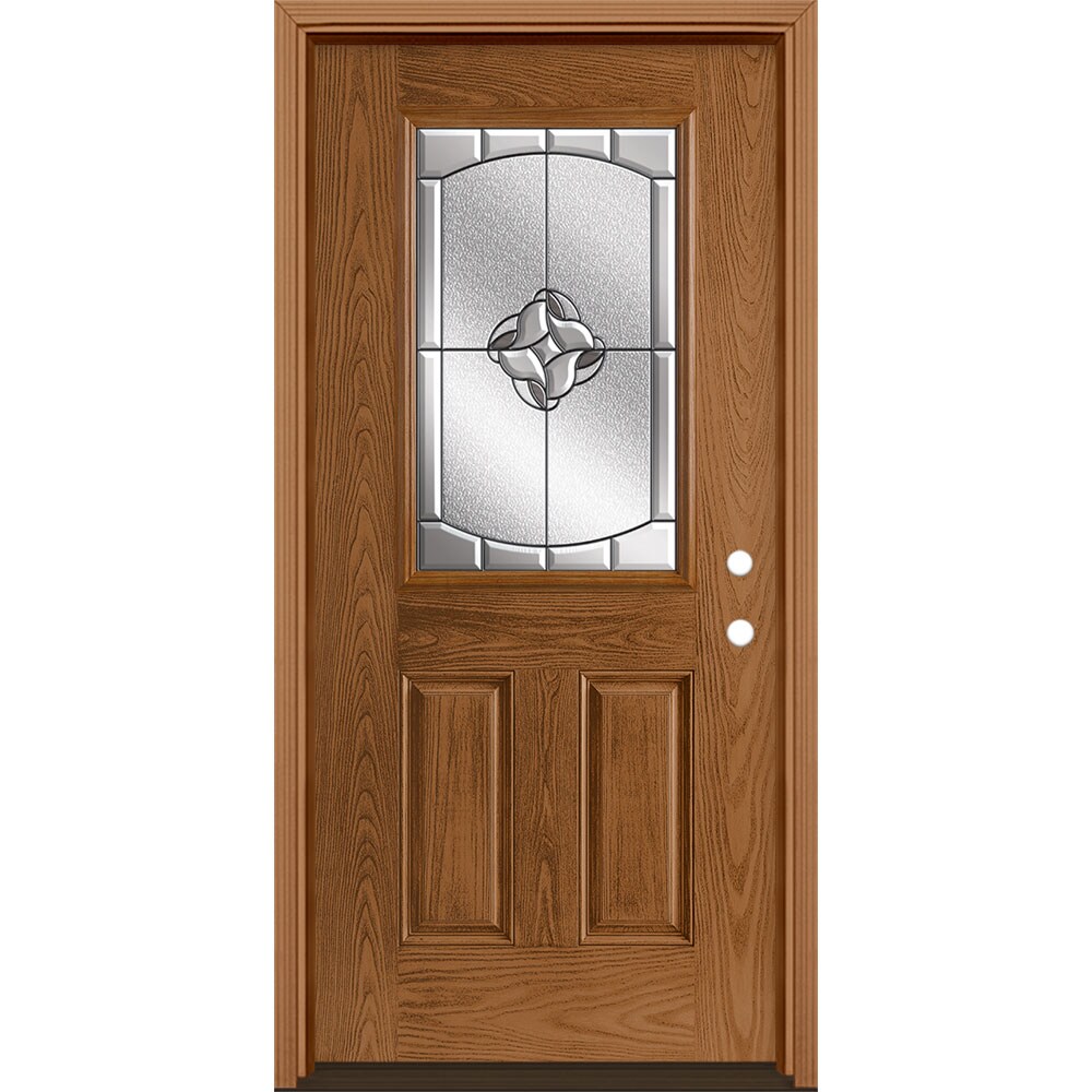 Masonite 3422899 Rozet 36-in x 80-in x 4-9/16-in Fiberglass Half lite Left-hand inswing Woodhaven Stained Prehung Single door Front Door with Brickmould Insulating core Decorative glass