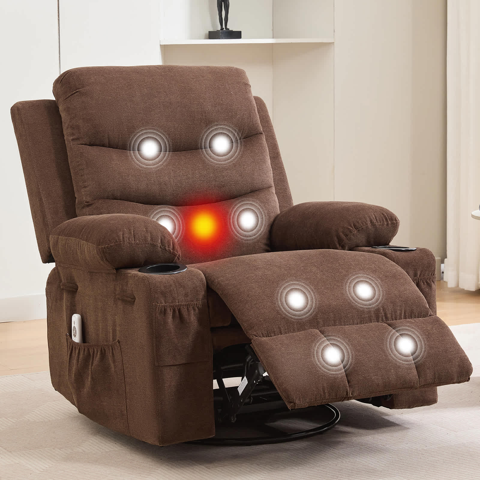 Qeetex SUN-PHK-34BYFYFN Swivel Rocker Recliner Chair with Massage and Heat Oversized Reclining Sofa with 360° Swivel Side