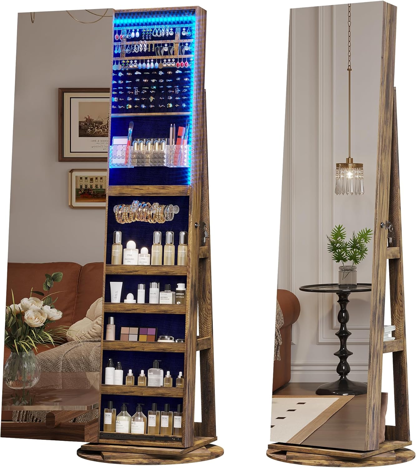 Vlsrka B0C4PDLPHP 63 Inch Swivel Jewelry Mirror Cabinet with Lights Standing Full Length Armoire Organizer Lockable Storage with Back Shelf Brown