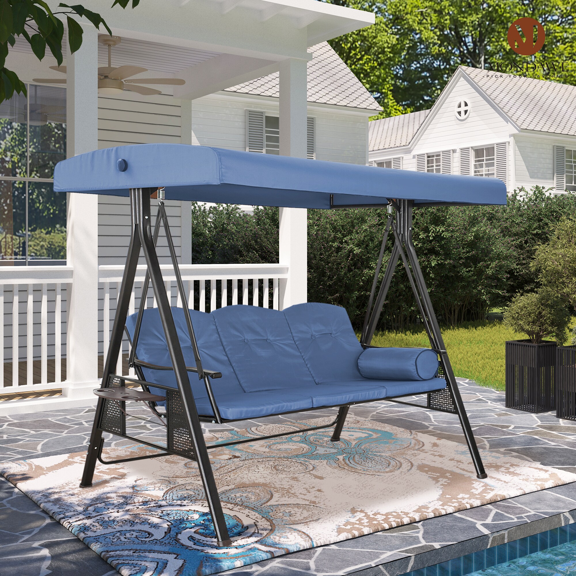 Mondawe Navy Blue 3-person Iron Outdoor Swing 3-person Navy Blue Iron 