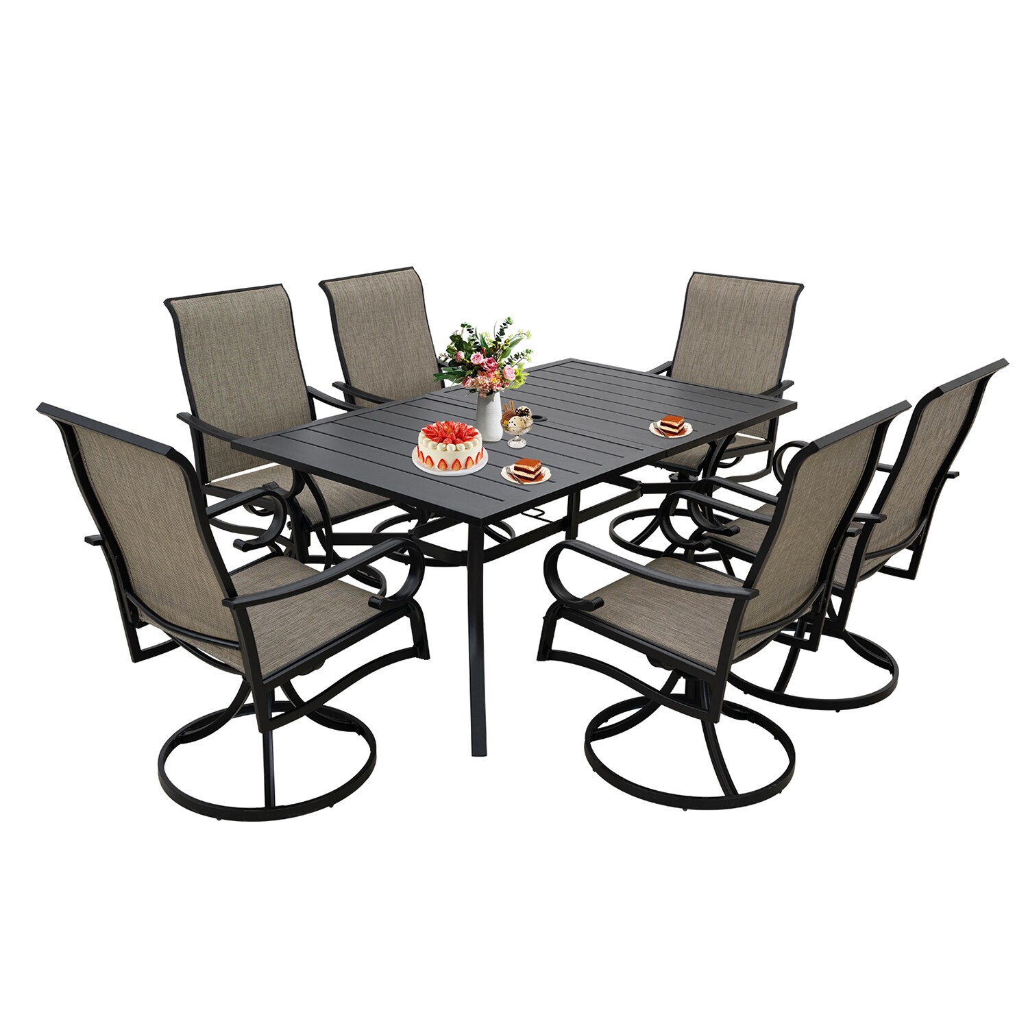 Mondawe 7-Piece Black Patio Dining Set Aluminum Rectangle Table with 6 ...