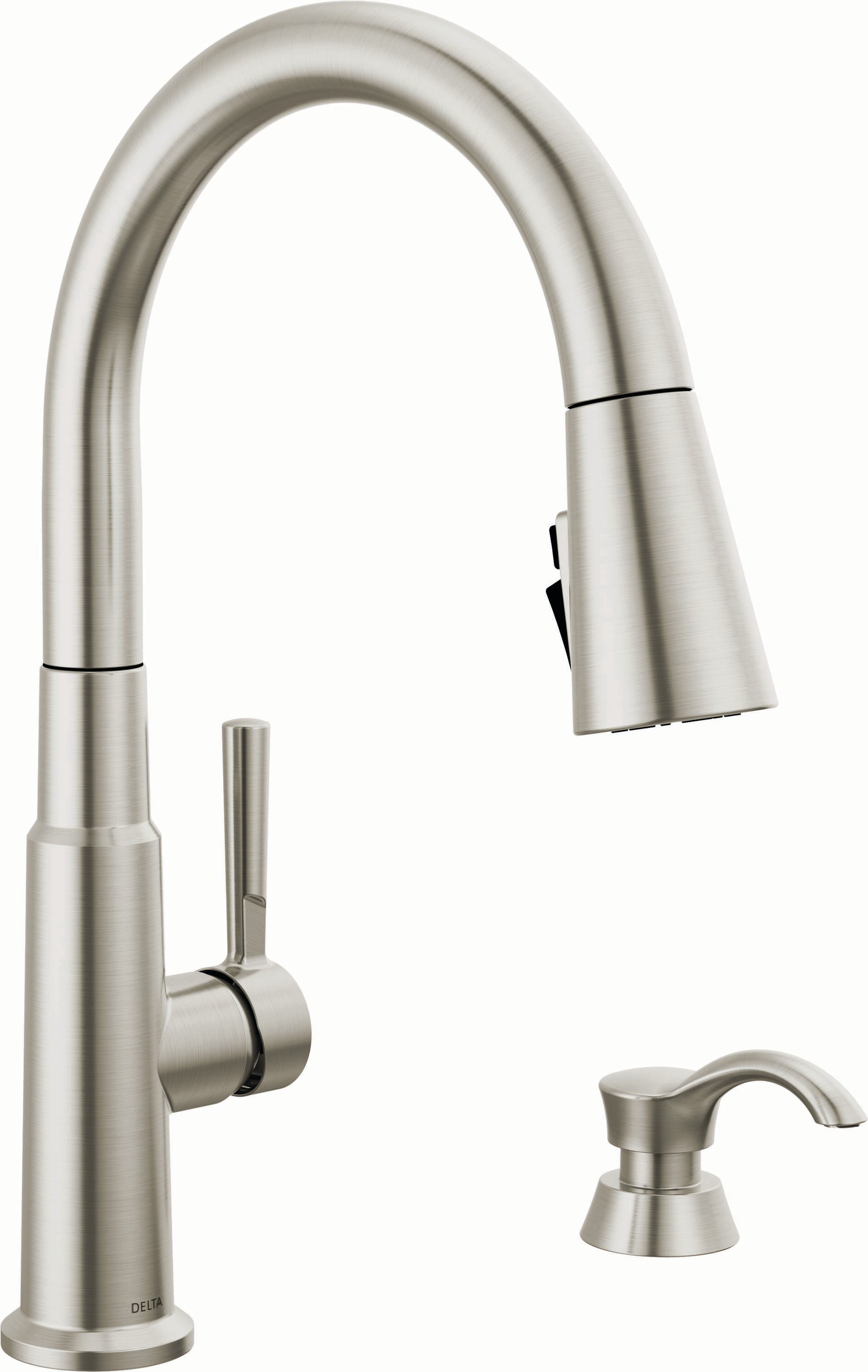 Avebury Stainless Steel Single Handle Pull-down Kitchen Faucet with Sprayer (Deck Plate and Soap Dispenser Included) | - Delta 19863Z-SPSD-DST