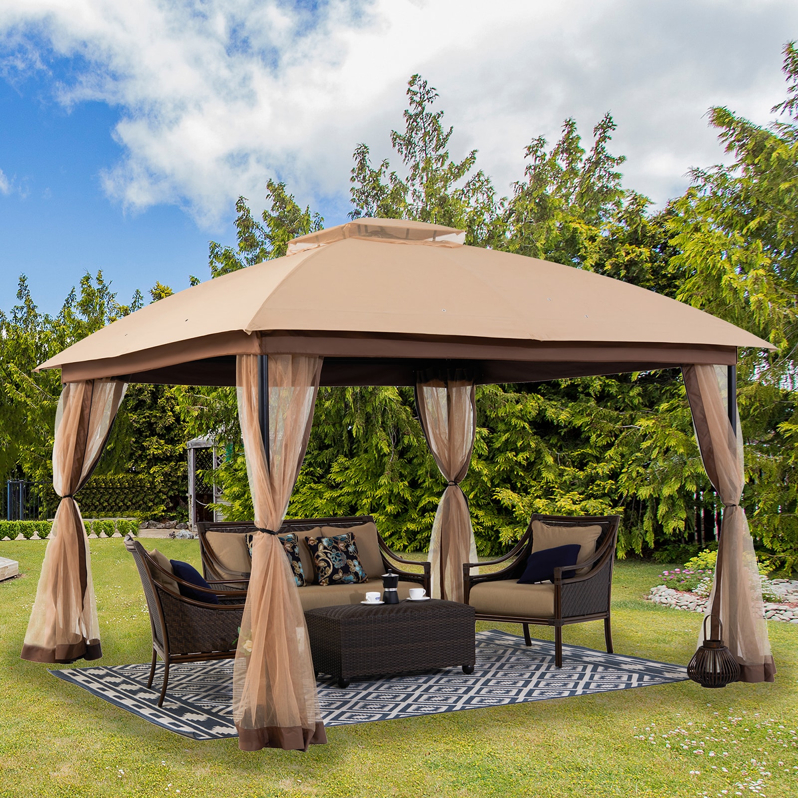 StarEcho 10-ft x 9-ft Straight leg gazebo with netting Square Khaki ...