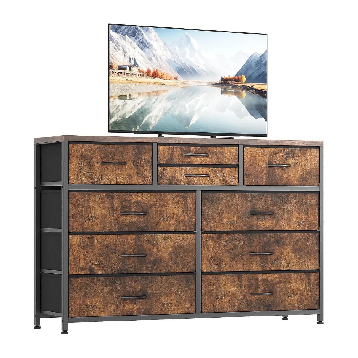Qeetex GGL-PHO-11QYQN3O 45 inch Modern Dresser TV Stand Entertainment Center with 10 Drawers Storage Organizer for Bedroom Living Room Closet Entryway-Brown