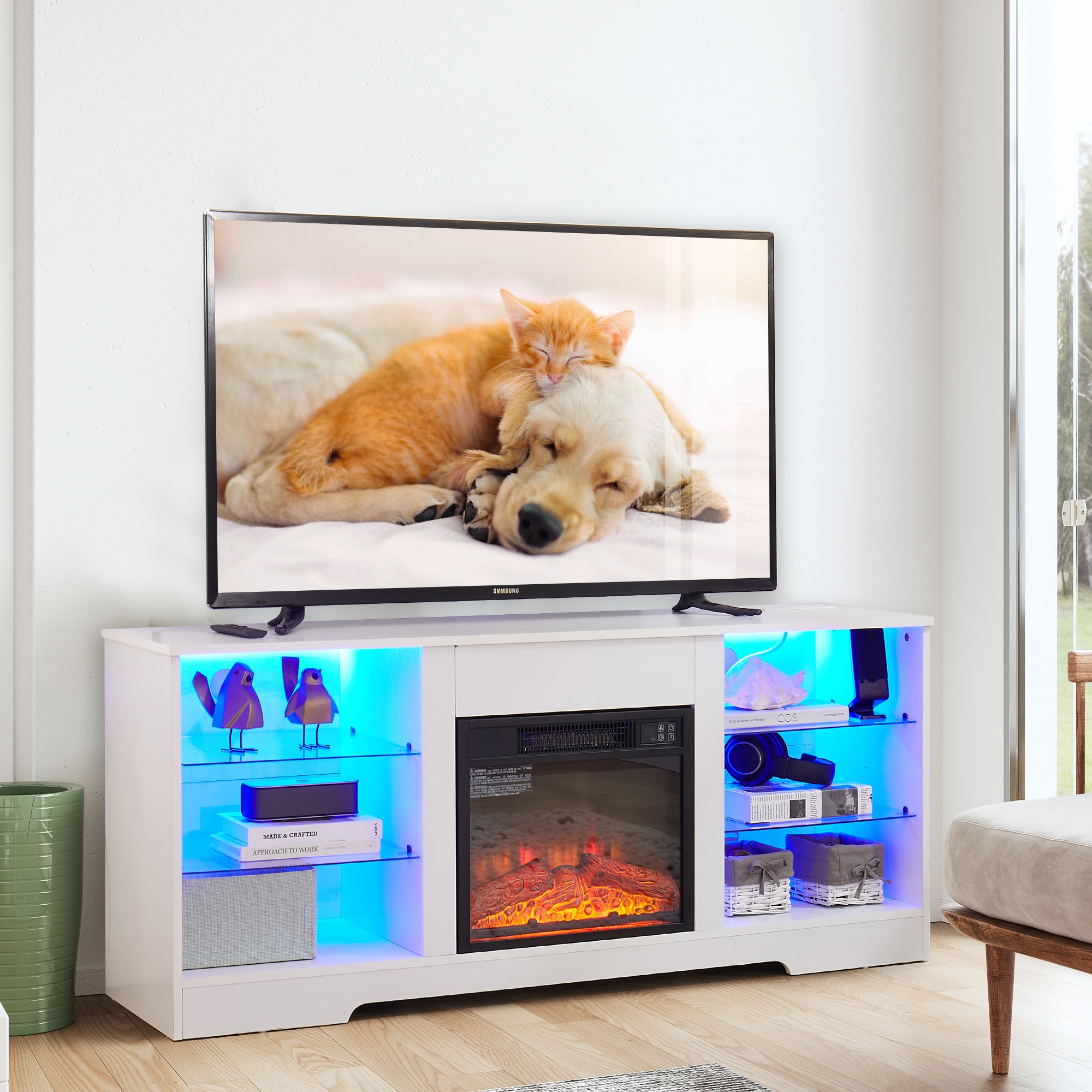 Sunrinx MG8-FP-08 57.87-Inches W White TV Stand with Fan-forced Flat wall Electric Fireplace with Remote Control Included