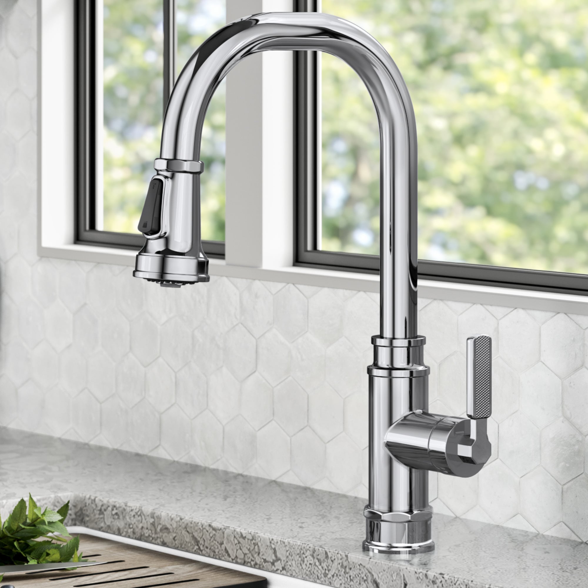 Chrome Industrial Pull-Down Single Handle Kitchen Faucet
