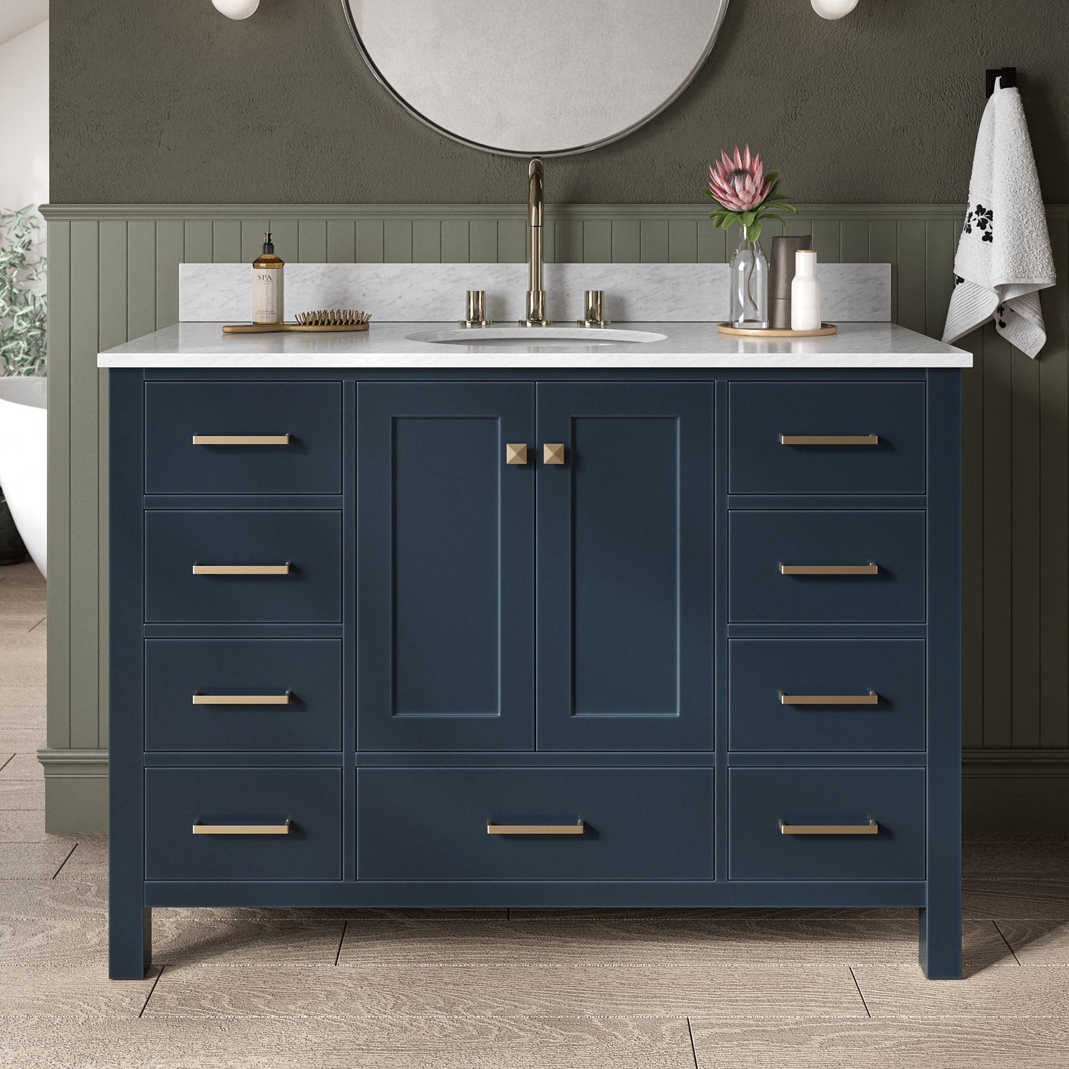 ARIEL A049SCW2OVOMNB Cambridge 49-in Midnight Blue Undermount Single sink Bathroom Vanity with 0.75" Carrara White Marble Natural marble Top
