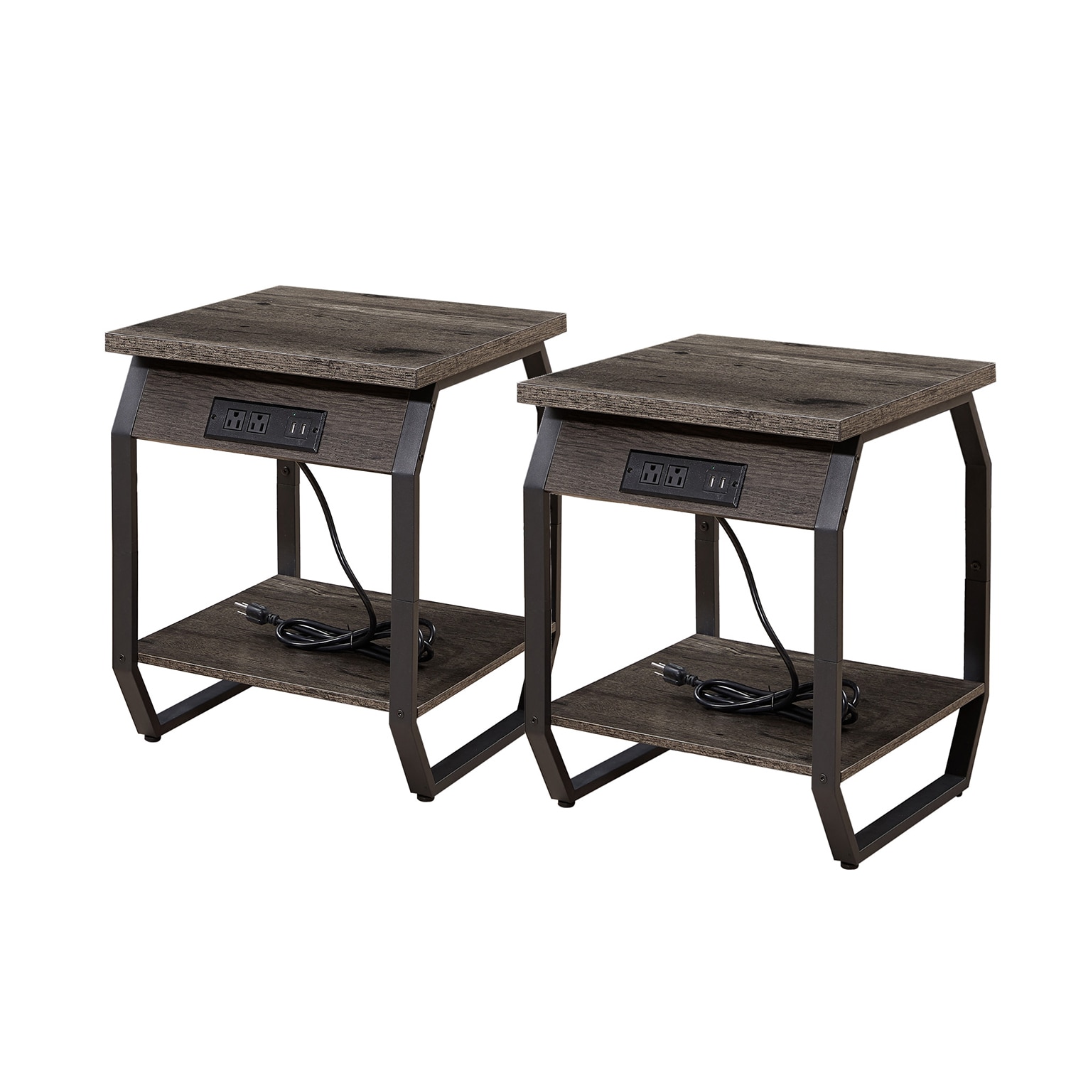 Sumyeg WF-HW61495SL-LA Set of 2 End Tables with USB Ports and Sockets 17.3-in W x 21.7-in H Dark Gray Wood Square Modern End Table Assembly Required