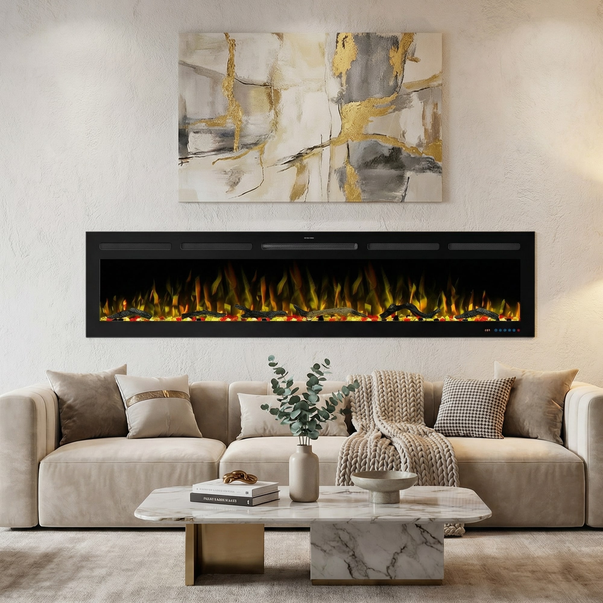 IHOMEadore 74-in W Black Wall mount Infrared quartz Electric Fireplace with Remote Control Included