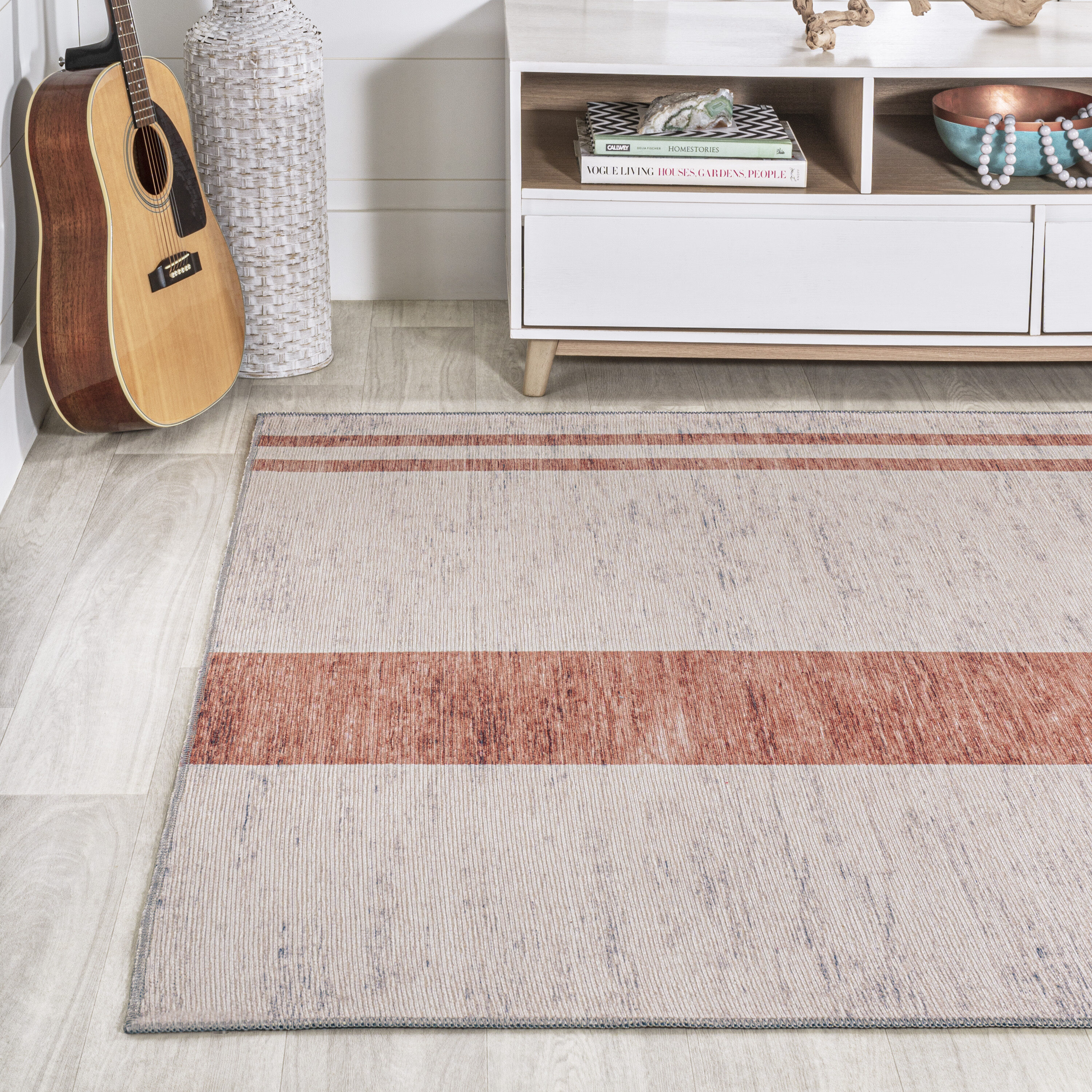 Ivory Stripe Easy-Care Synthetic 4' x 6' Area Rug