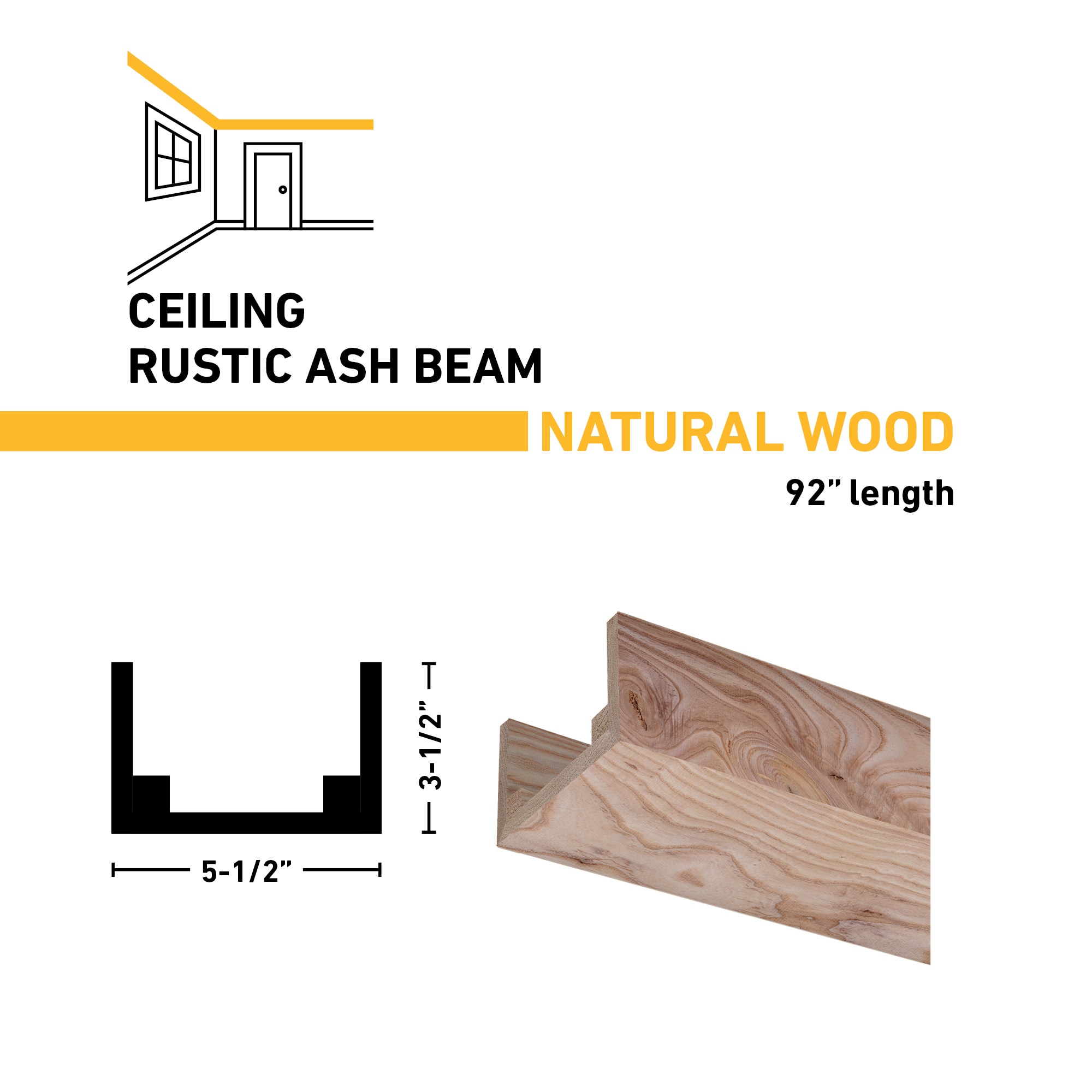 Rustic Unfinished Ash Wood U-Shaped Decorative Beam