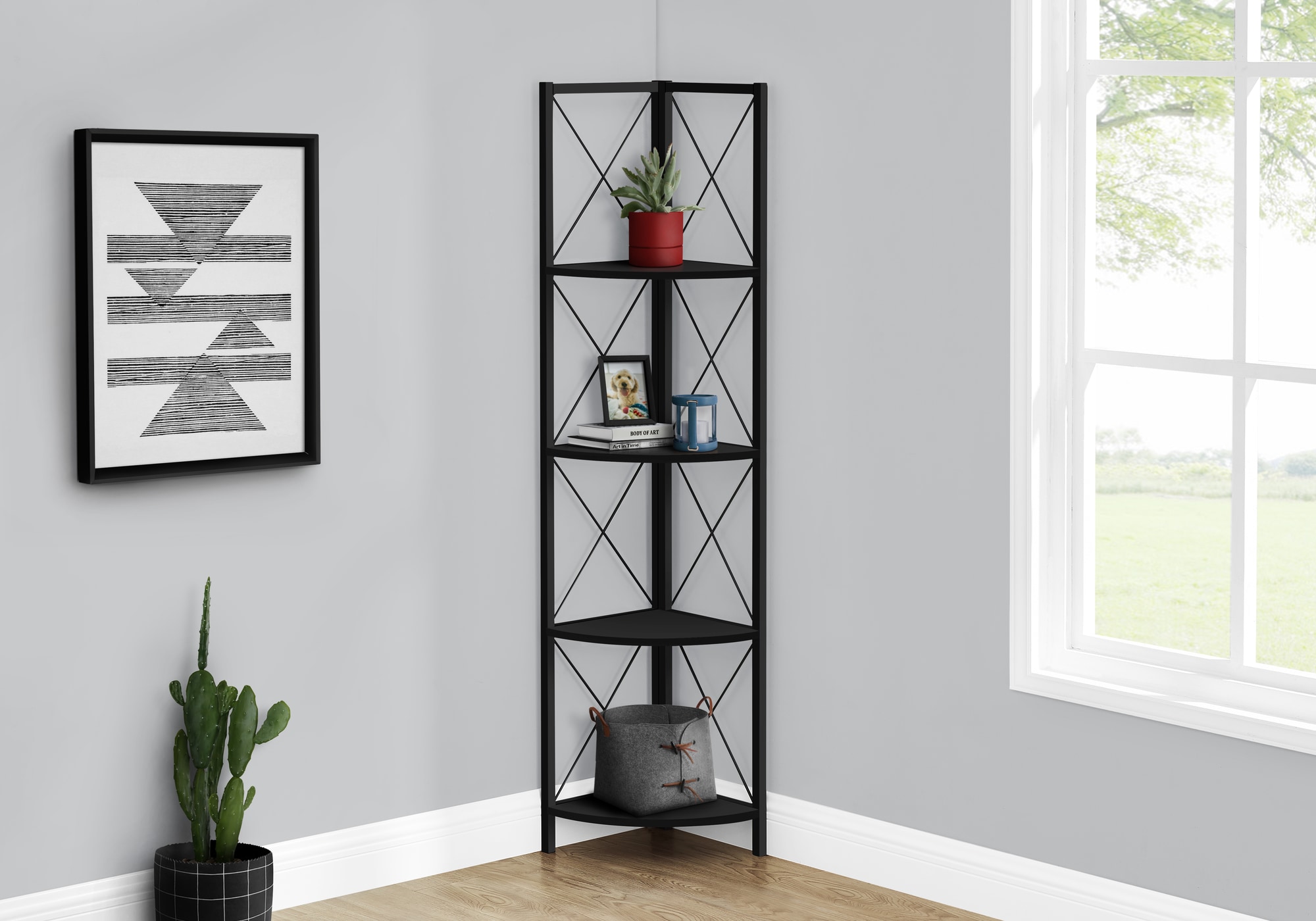 Blisstyle Bookshelf Bookcase Etagere Corner 4 Tier 60 Inch Office Bedroom Black Laminate Black Metal Contemporary Modern Bookcase Book Shelf Weight Storage Racks and Shelving Shelves Decor for Kitchen Living Room Bedroom Garage