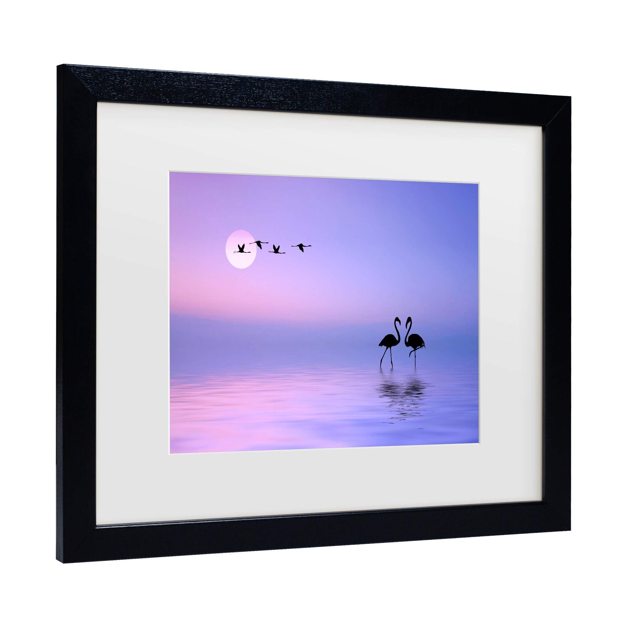 Flying Flamingo Purple Sunset Canvas Print with Black Wood Frame