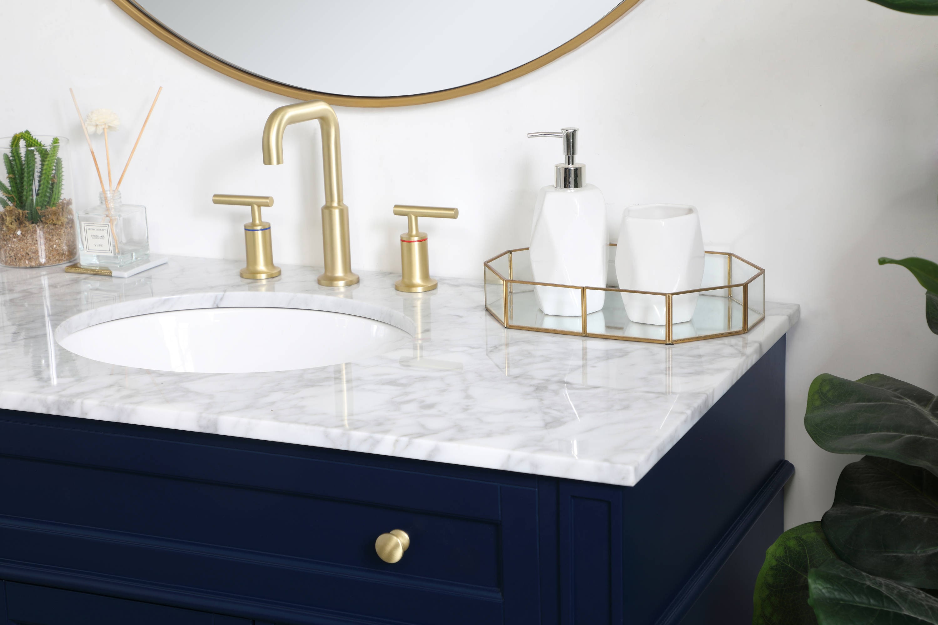 Blue Solid Wood MDF Marble Single Bathroom Vanity with Gold Hardware