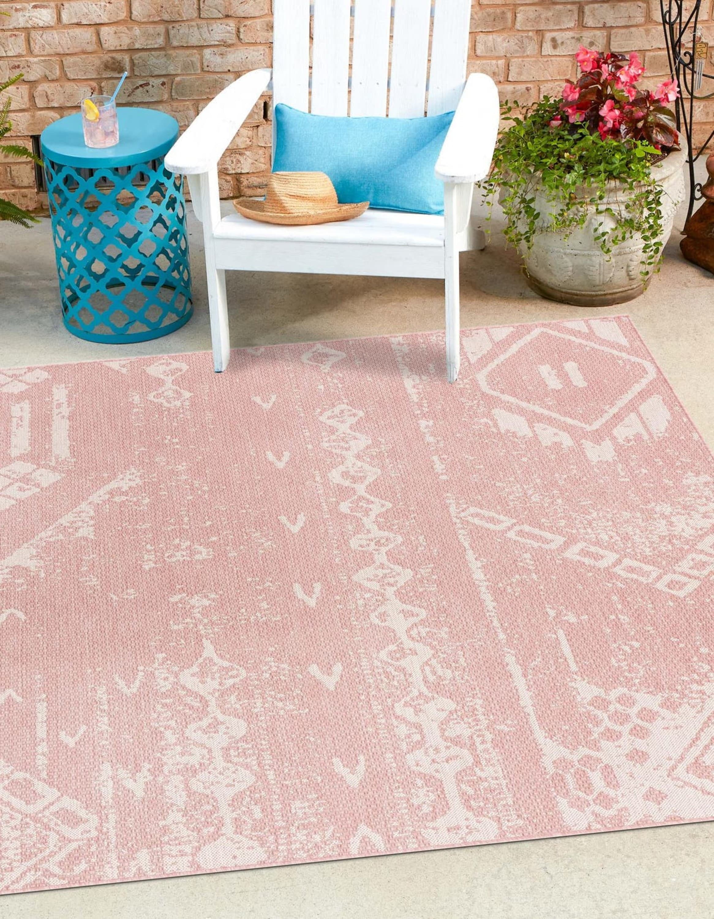 Unique Loom 3181004 Outdoor Bohemian 7 x 7 (ft) Loomed Polypropylene Pink Square Indoor/Outdoor Abstract Area rug