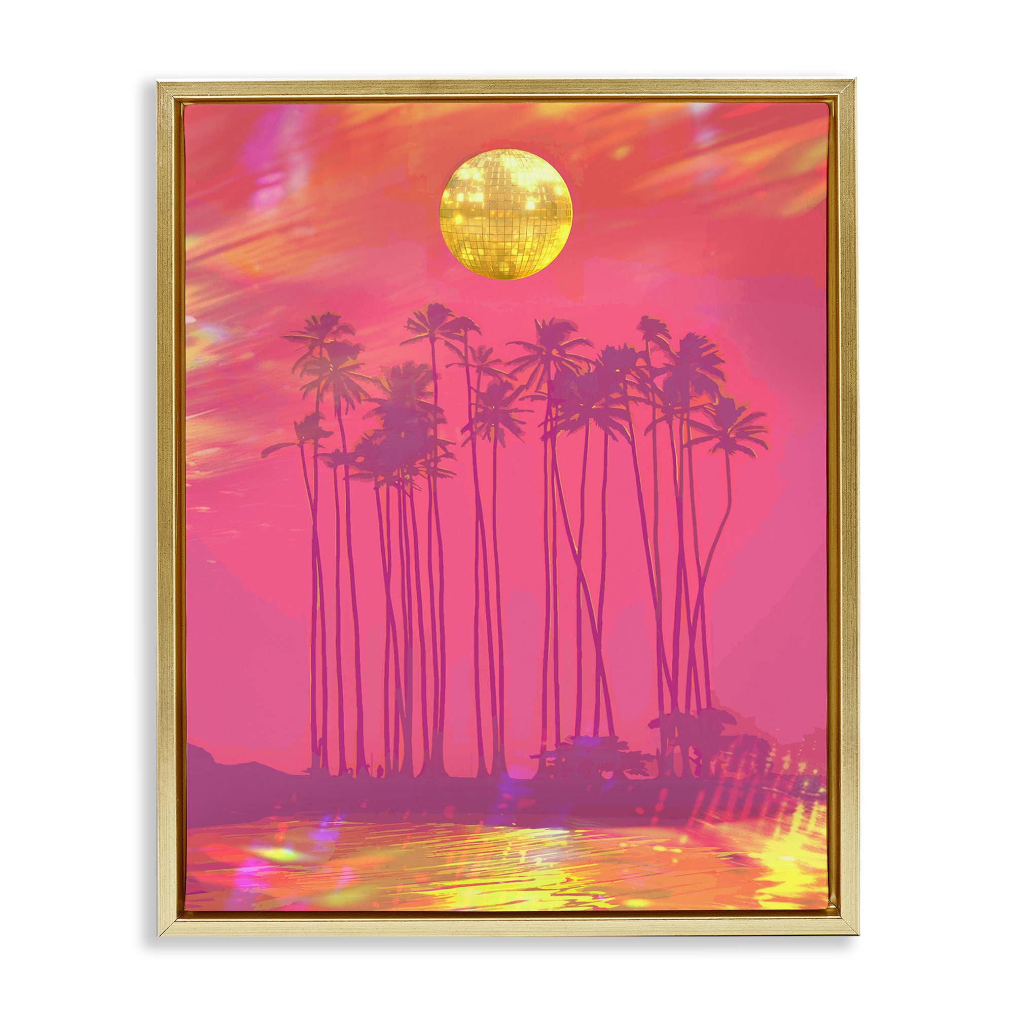Stupell Industries BT-122-FFG-24X30 Disco Over Tropical Palms Gold Framed Floater Canvas Wall Art By Lil' Rue 25 x 31
