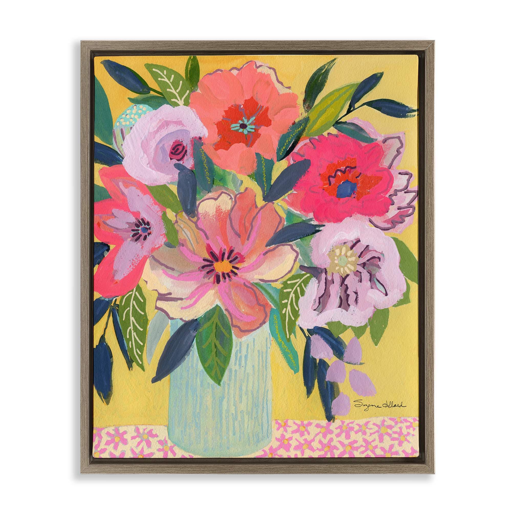 Stupell Industries BT-314-FFE-16X20 Vibrant Pink Bouquet on Yellow Brown Framed Floater Canvas Wall Art By Suzanne Allard 17 x 21