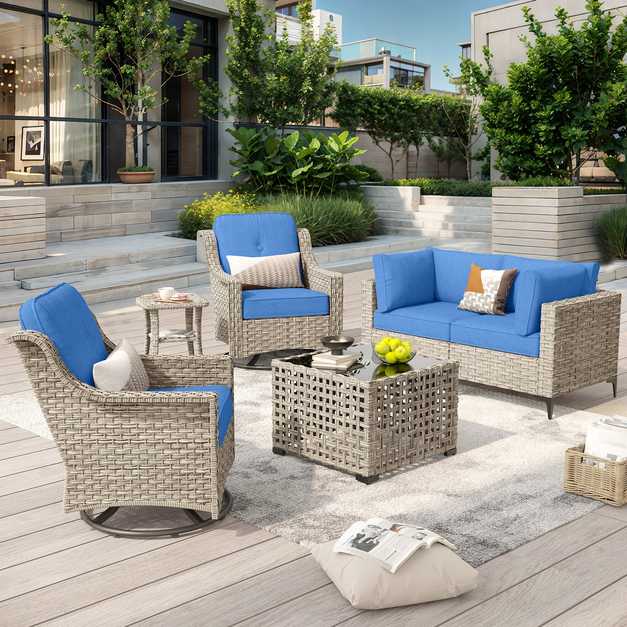 Caodoc L5-YZSKT506-1 SKT Wicker Outdoor Sofa with Blue Cushions and Wicker Frame