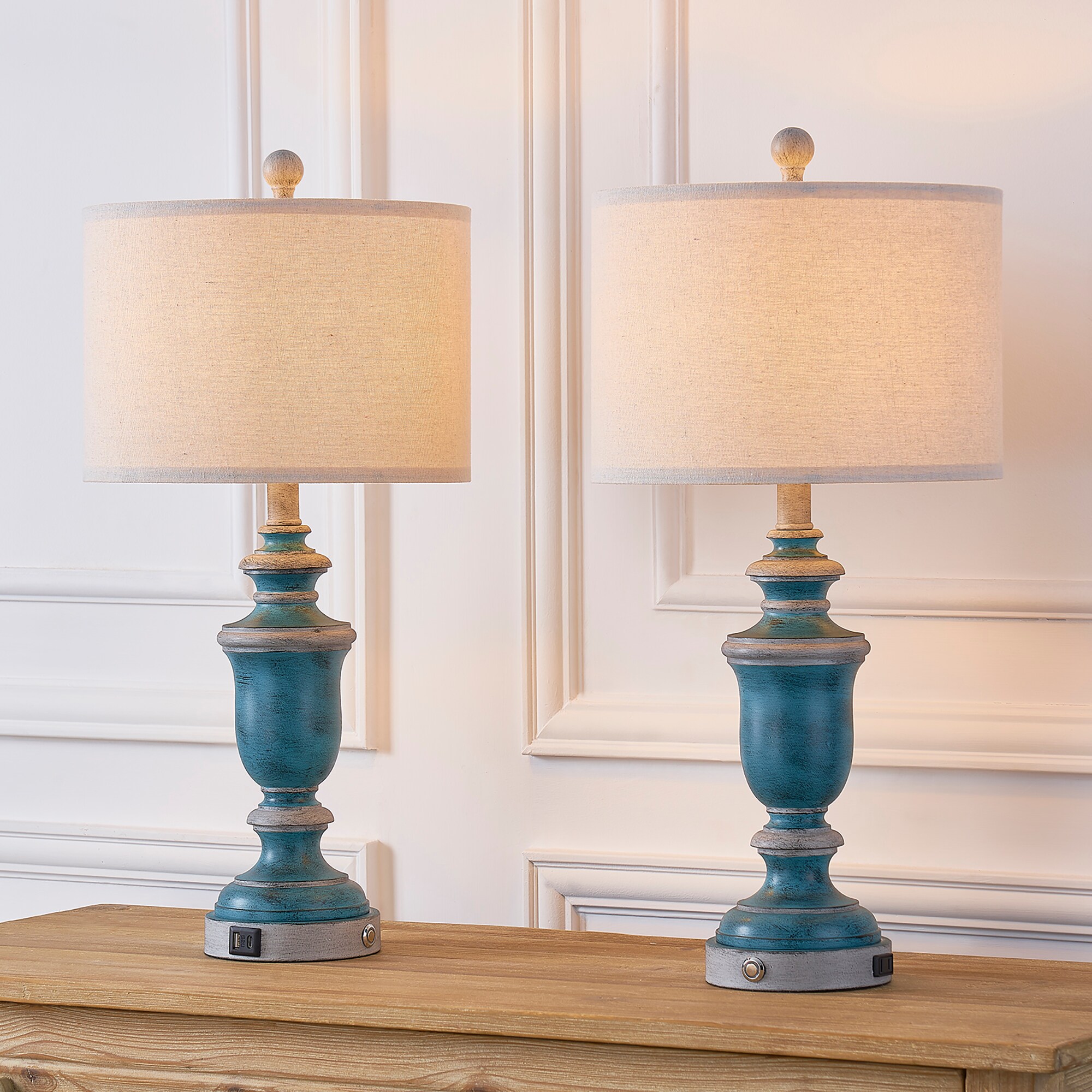 KAWOTI 21240 25.75-in Distressed Blue LED Touch Table Lamp with Fabric Shade 2 -Set