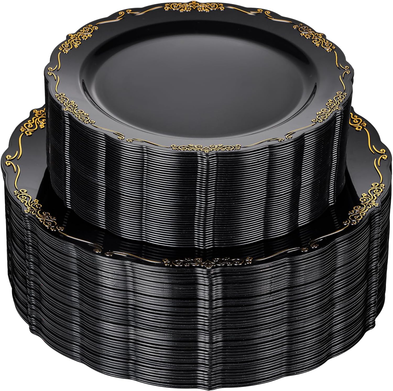 Wellife WELLFE 100PCS Black and Gold Plastic Plates Heavy Duty Black Disposable Plates Including 50PCS 10 Inch Dinner Plates 50PCS 7.5 Inch Dessert Plates Hard Plastic Plates for Party