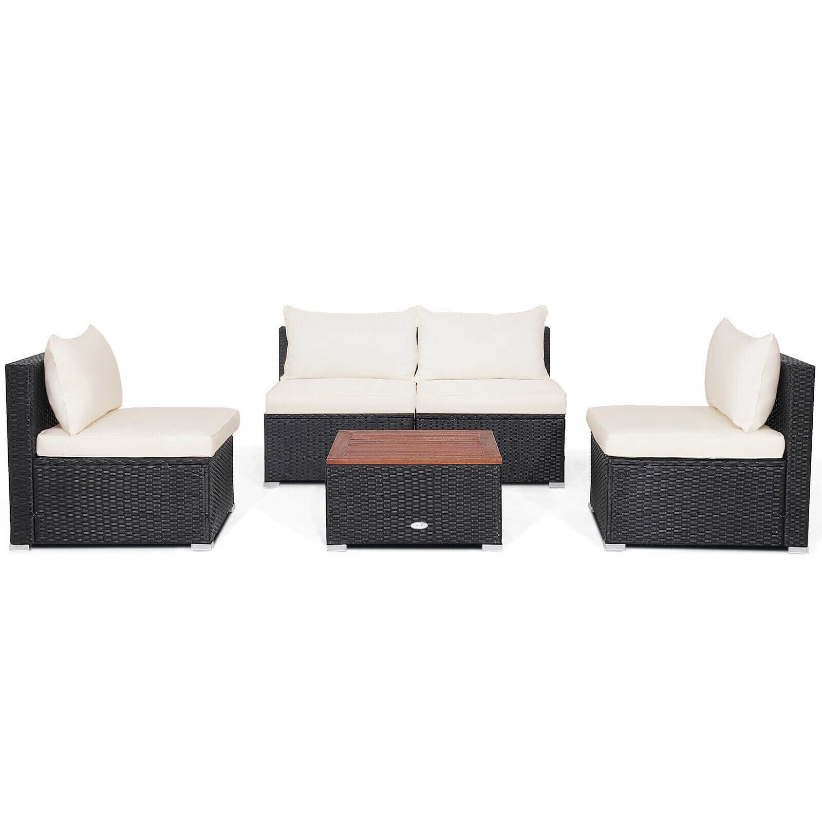 LIVIZA GAZ-SEN25PD52B 5 -Piece Black Rattan Patio Dining Set Wood Square Table with 4 Off-white Cushions Stationary Chairs