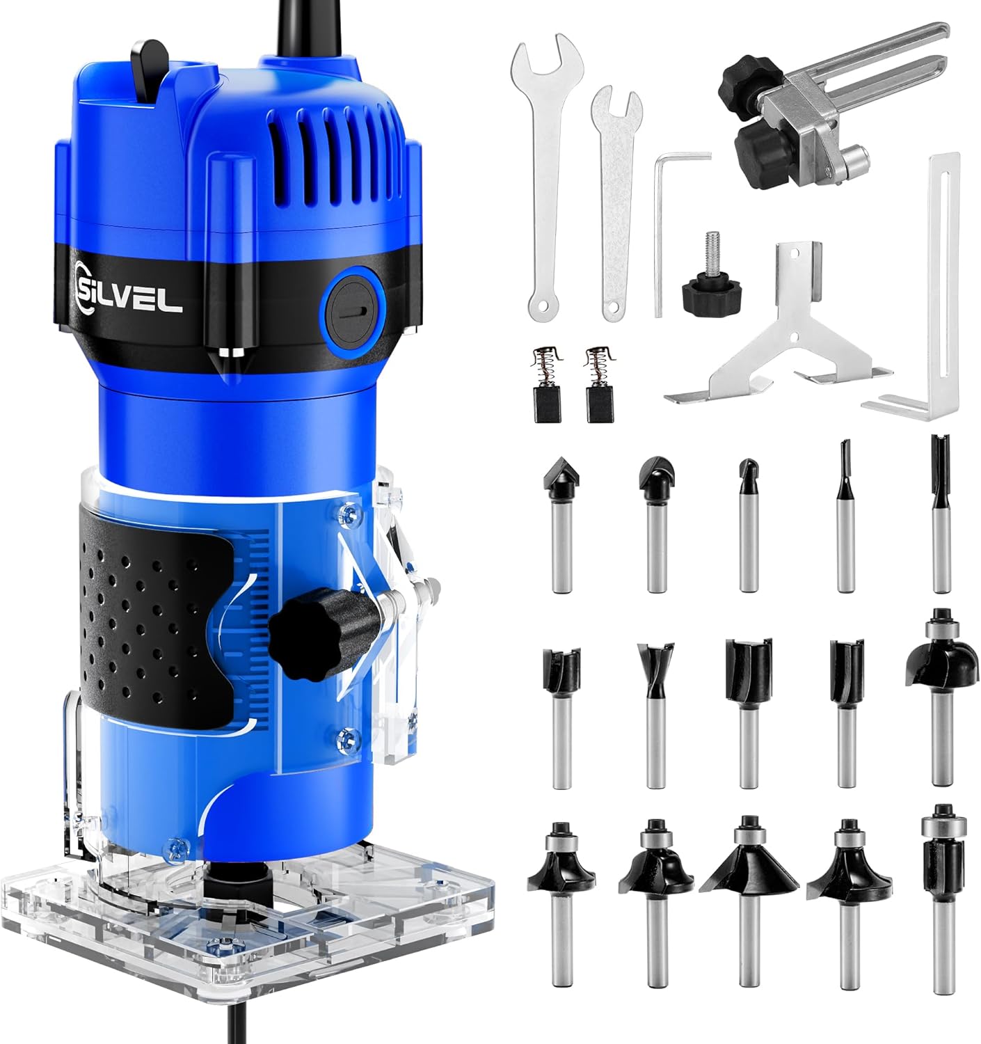 Silvel KF370013-03-BLUE Wood Router 800W Wood Routers for Woodworking 6.5Amp 1.25HP Hand Wood Router Tool 30000R MIN Compact Edge Trimmer with 15 1/4 Router Bit Set Blue