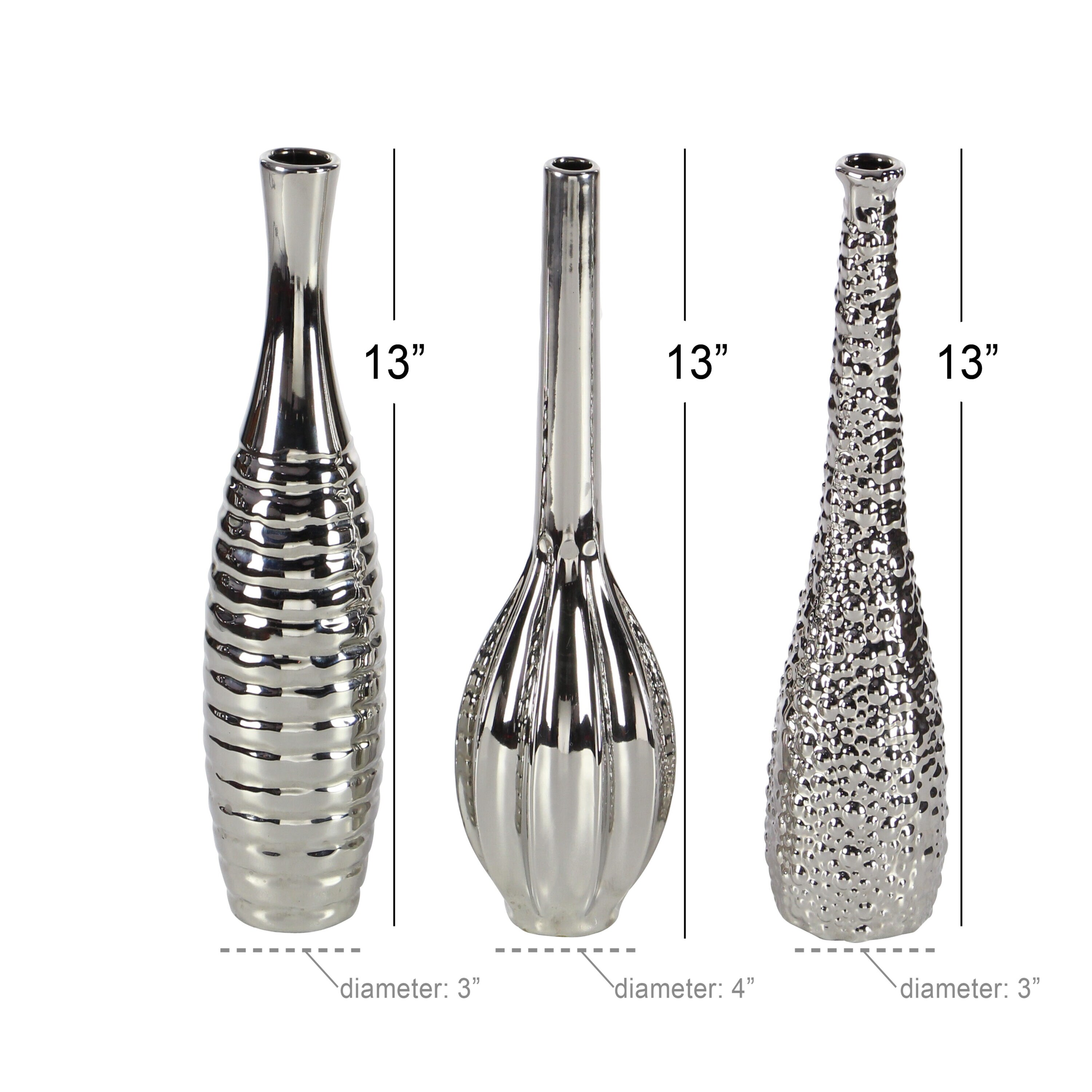 Elegant Trio Silver Ceramic Vase Set with Textured Finish