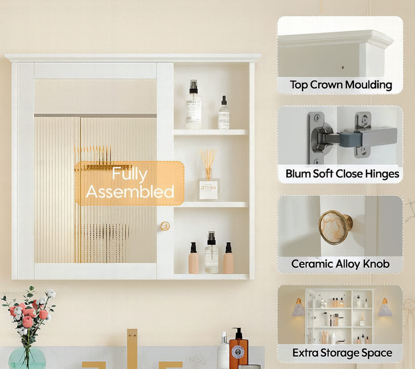 LIVIZA UCJ-WMC34YS1WT NAT2 Solid Wood Cabinet 34-in x 30-in Surface Mount White Mirrored Rectangle Soft Close Medicine Cabinet