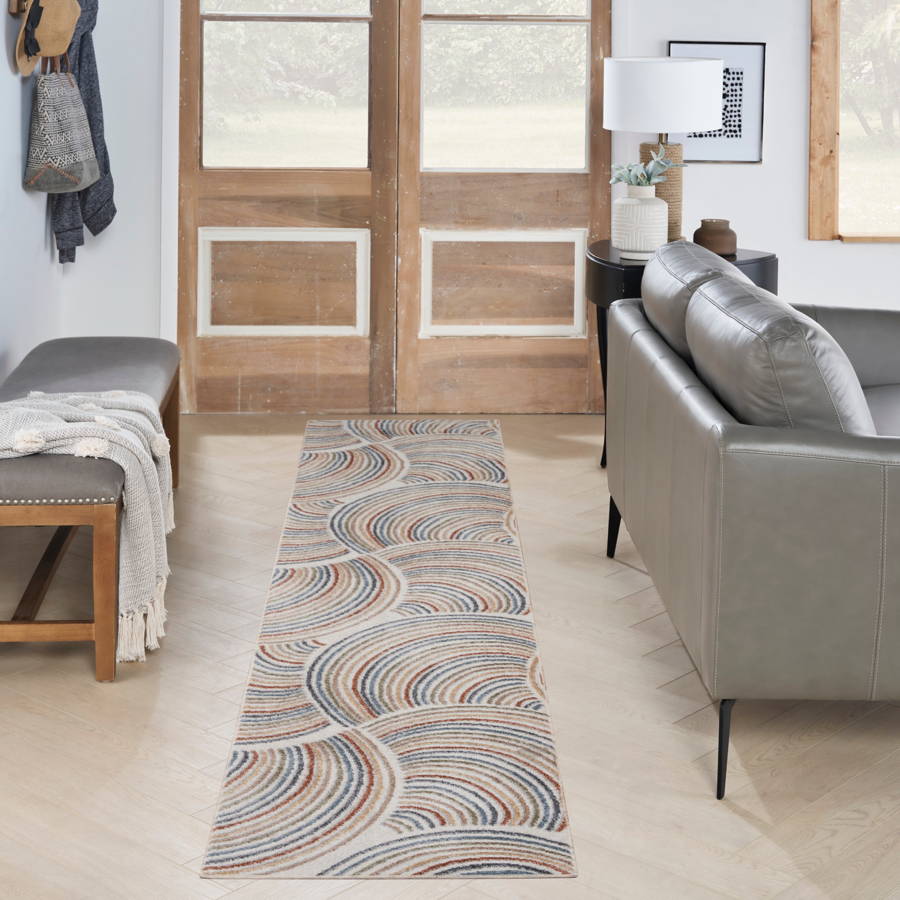Nourison 099446121929 Astra Machine Washable 2 x 10 (ft) Loomed Polyester Ivory/Multi Rectangular Indoor Stripe Mid-Century Modern Machine washable Runner rug