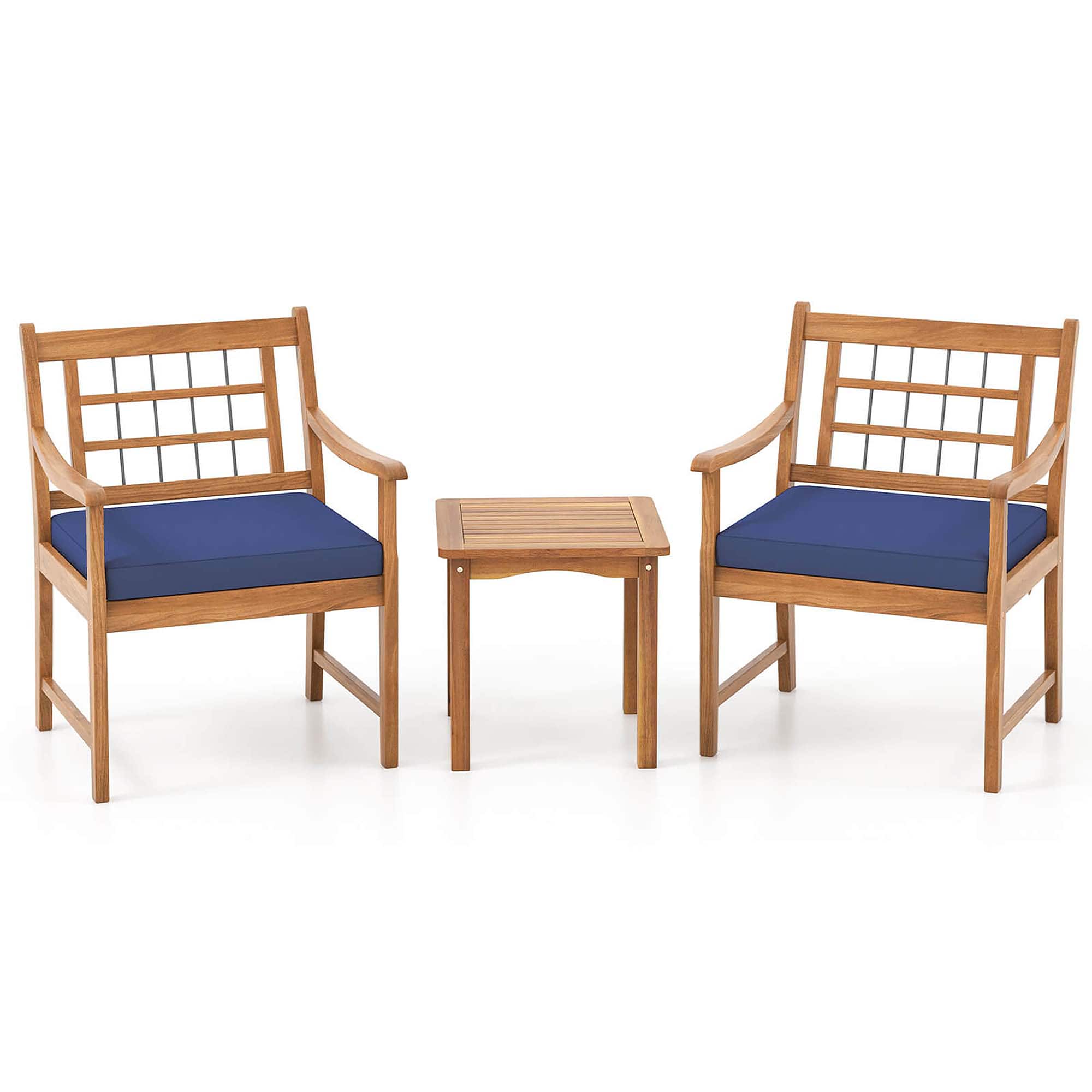 Costway - 3 -Piece Natural Bistro Patio Dining Set Wood Square Table with 2 Navy Cushions Station...