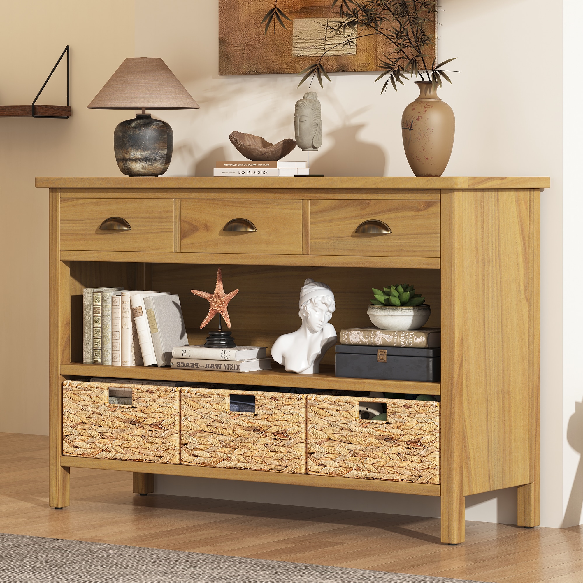 ModernLuxe N715P215584N Retro Console Table with 3 Storage Drawers Entryway Table with 3 Water Hyacinth Woven BasketsWooden Accent Sofa Table Buffet Cabinet for Entryway Hallway and Living Room Natural