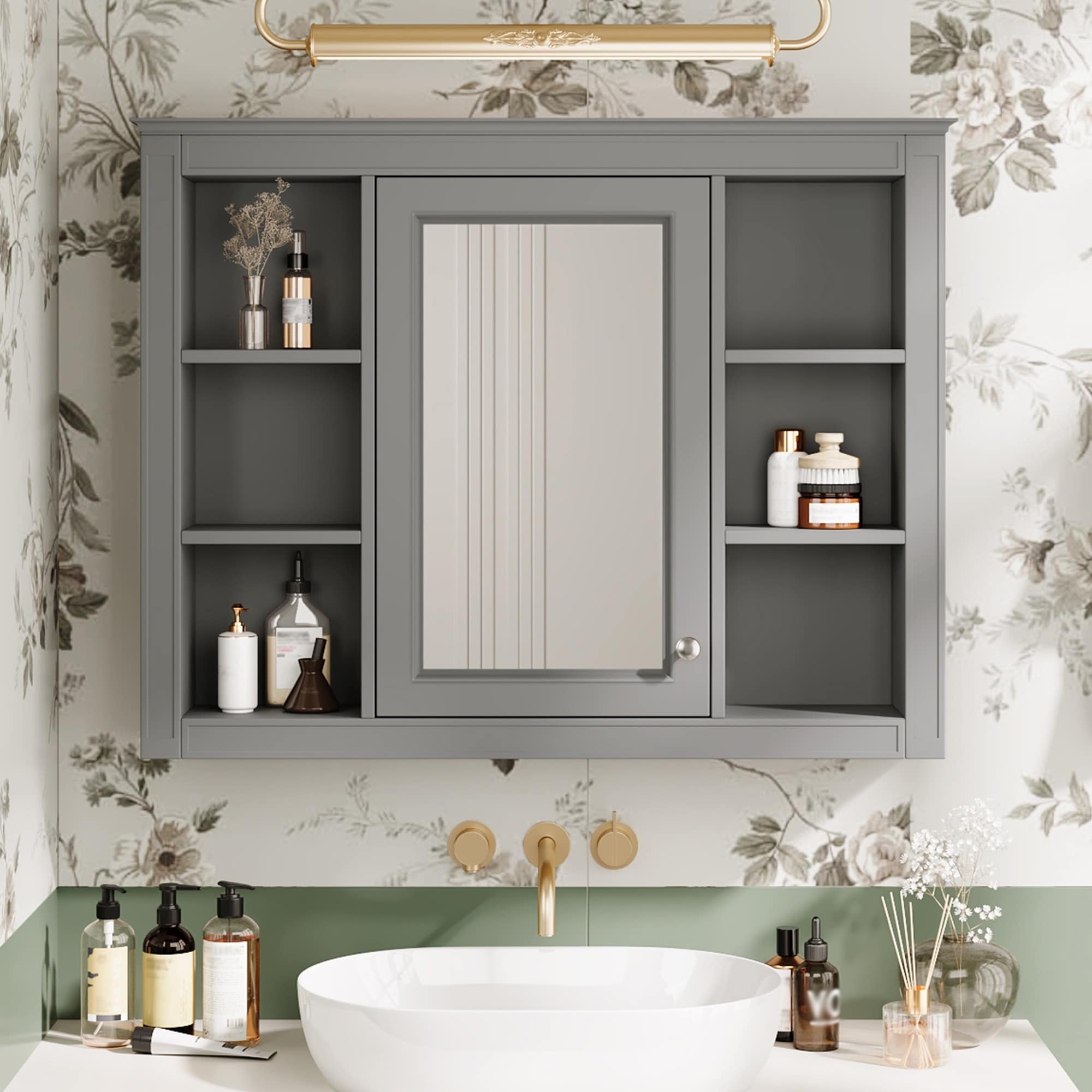 IAK 35 inch x 28 inch Grey MDF Wall Mounted Medicine Cabinet with Mirror and 6 Open Shelves
