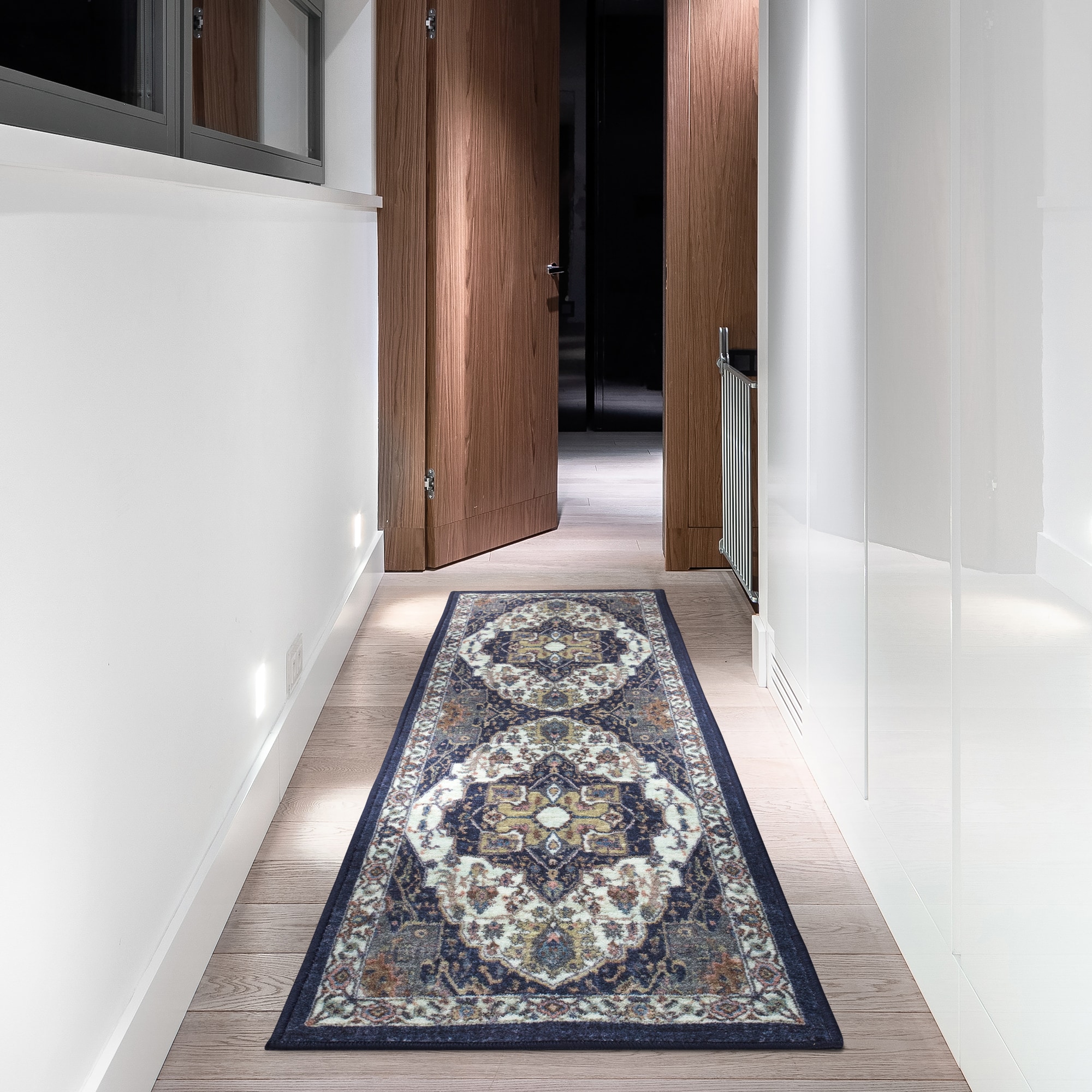 Ottomanson ATS9496-20X59 Athens 2 x 5 (ft) Loomed Polyester Navy/Beige Rectangular Indoor Medallion Oriental Runner rug