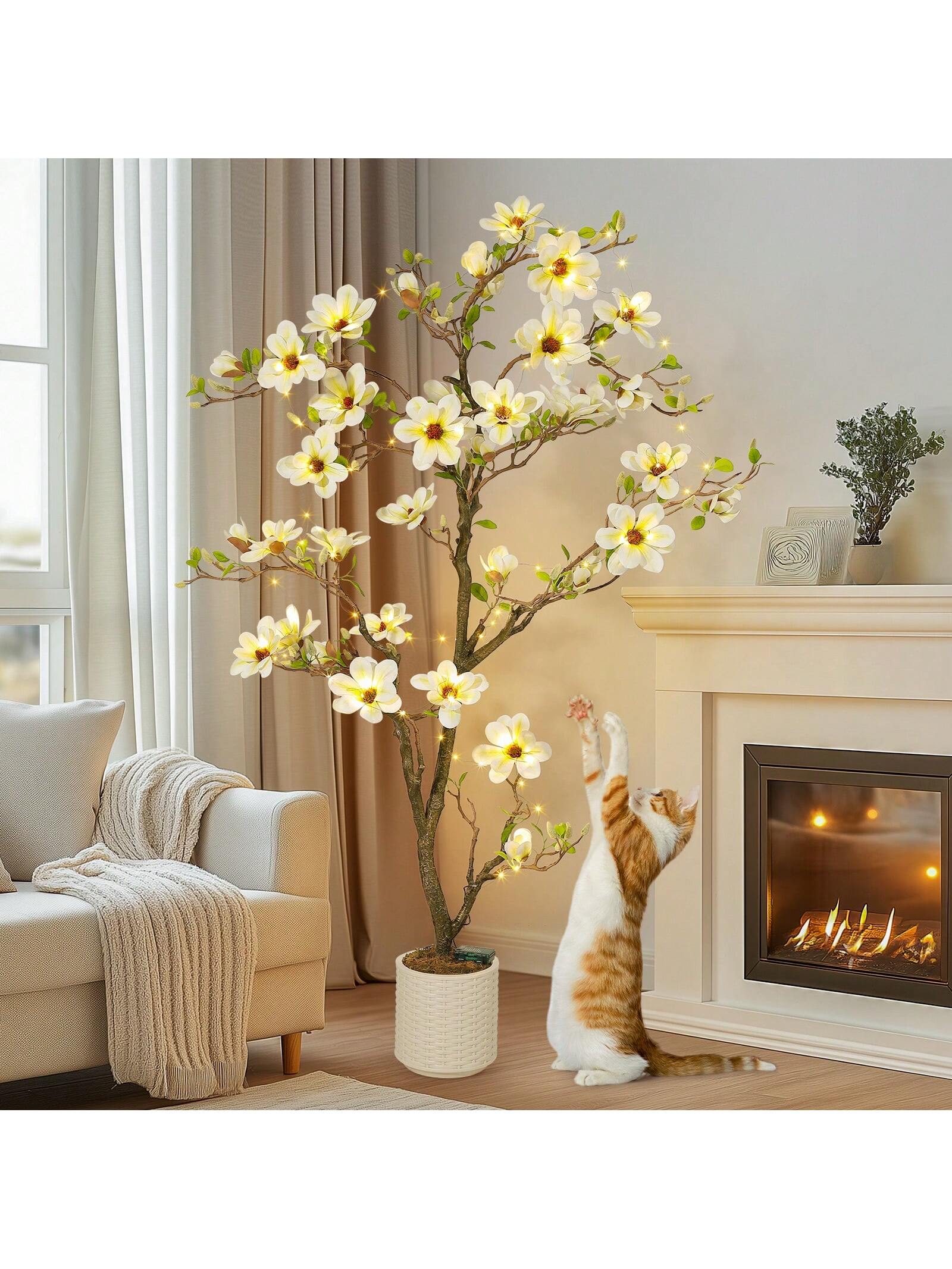 Qeetex PHK-33YJ4KH5-HF4 6FT(with lights) Artificial Magnolia Tree - Indoor Simulation Tree with Realistic Leaves and Flowers - Perfect for Interior Decoration. Living Room. Doorway. Office and Hotel (White)