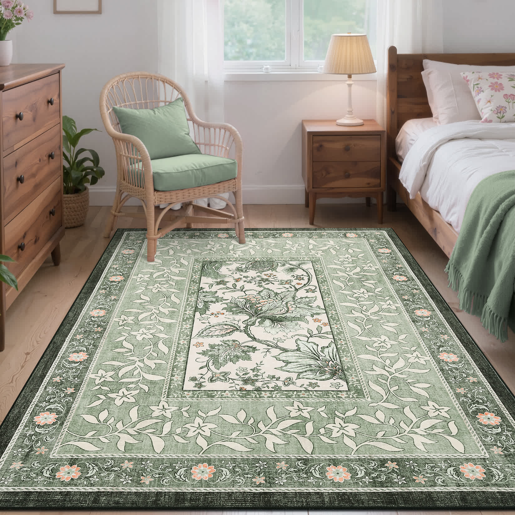 Qeetex SUNNY-PHK-35FR96RS 9 x 12 ft Green Machine Washable Living Room Bedroom Dining Room Office Floral Print Modern Farmhouse Rectangular Polyester Non Slip Area Rug