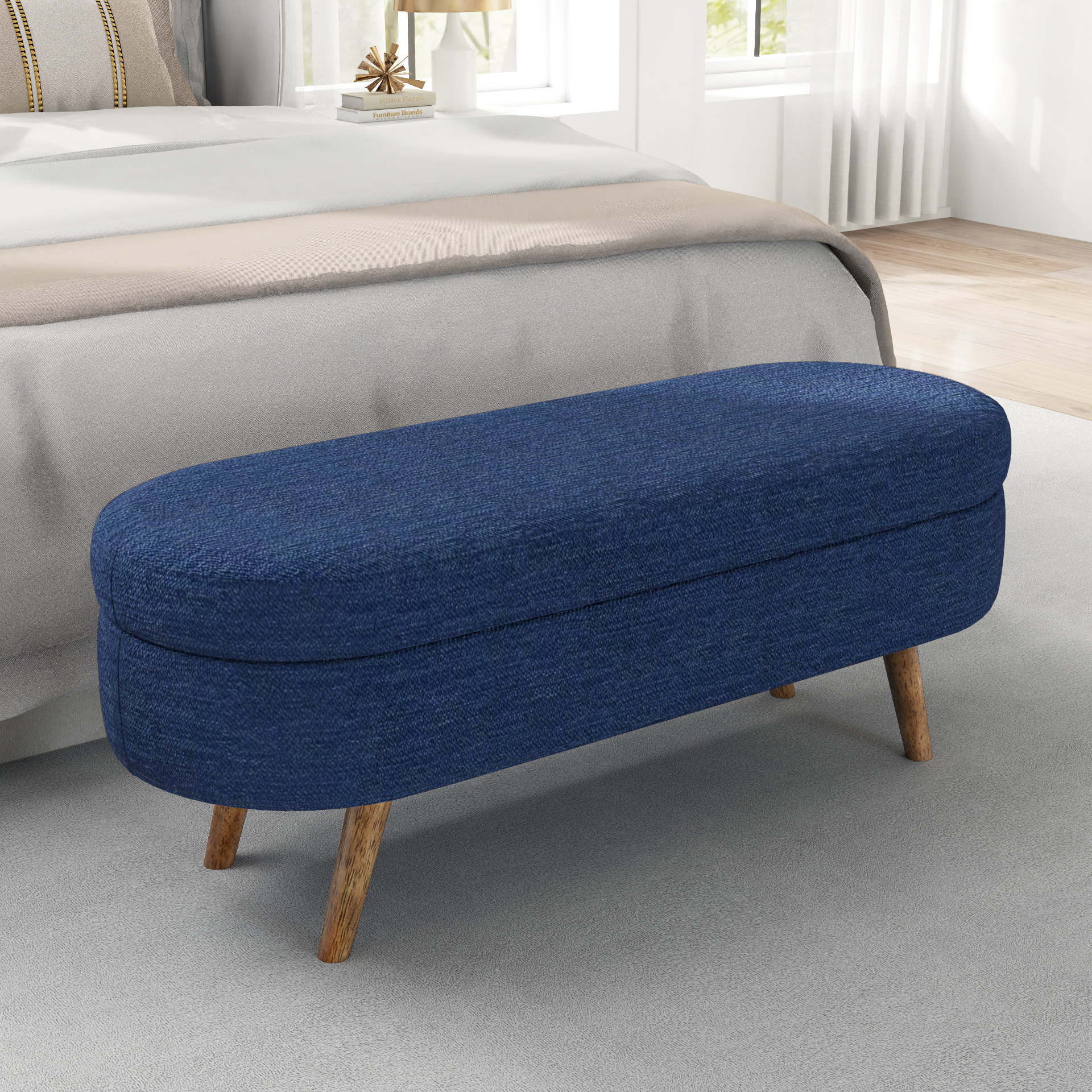 LOVMOR SF-M-W487P220594 Ottoman Oval Storage Bench Rubber Wood Legs BLUE43.5Inchx16Inchx16Inch