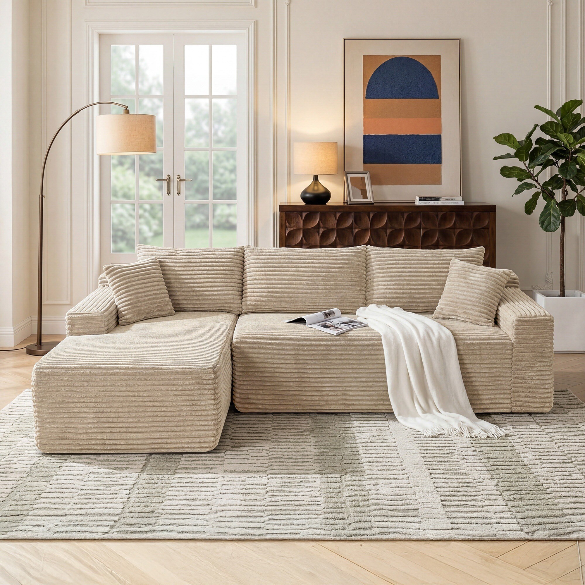UOI 106 inch Camel Corduroy Cloud Modular Sectional Sofa Couch with L ...