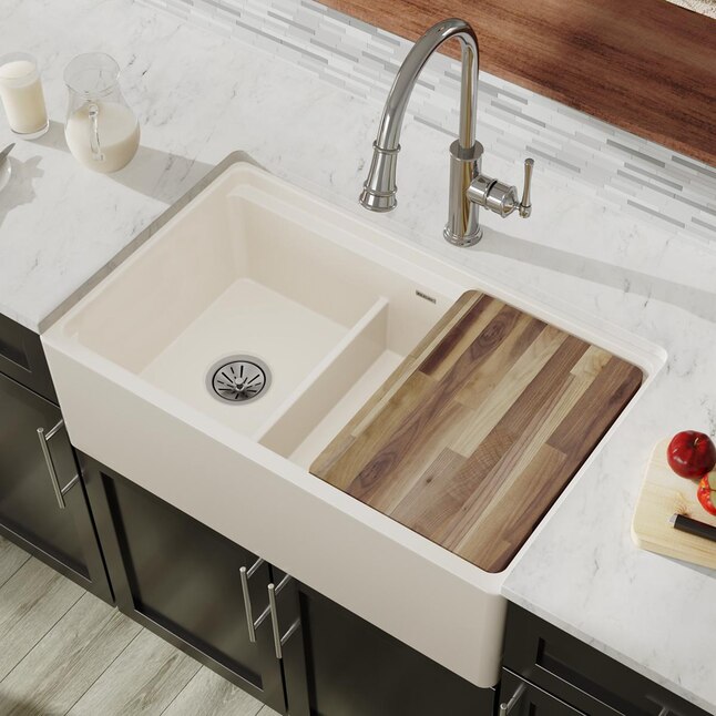 Elkay 33-in x 20-in Biscuit Double Offset Bowl Tall (8-in or Larger) Undermount Apron Front/Farmhouse Residential Kitchen Sink Elkay 33-in x 20-in Biscuit Double Offset Bowl Tall (8-in or Larger) Undermount Apron Front/Farmhouse Residential Kitchen Sink