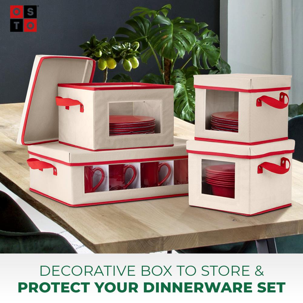 OSTO Holiday Dinnerware Storage Box with Lid; Plate Box Has Cardboard  Insert, Lid, Handgrips, Clear Window; Non-Woven Fabric Color Ivory and Red