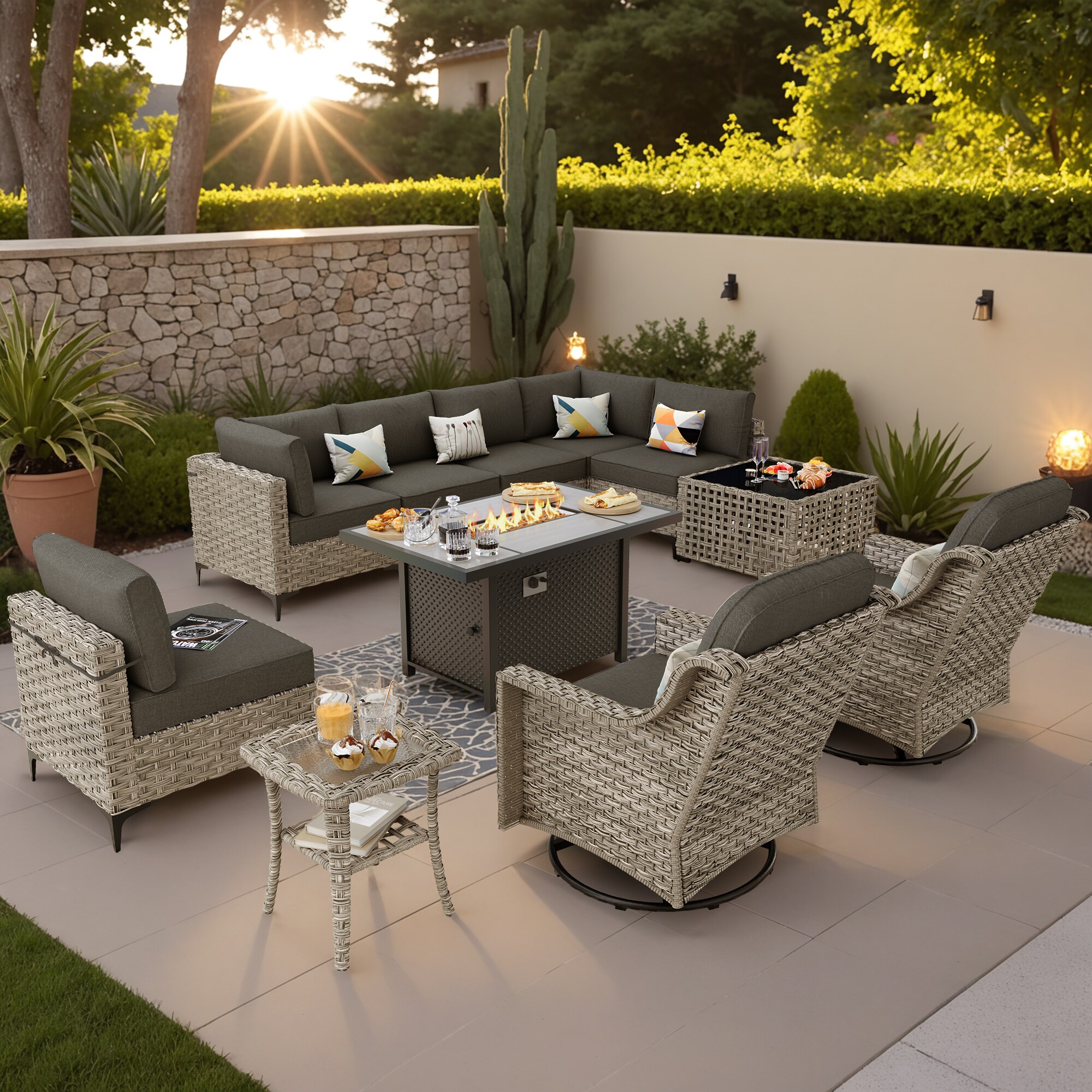 Ovios 11-Piece Wicker Patio Conversation Set with Black Cushions