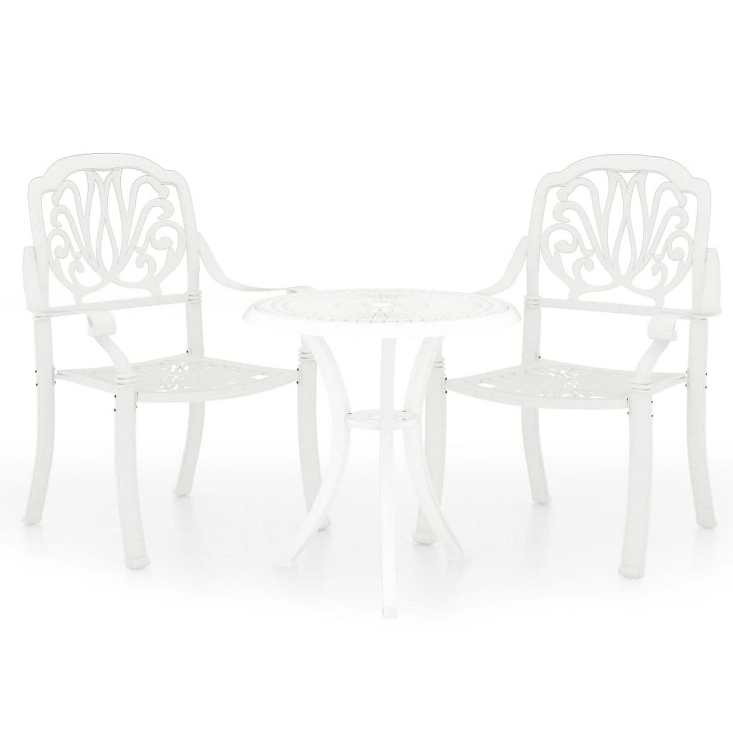 Benzara BM326439 Dining Set 2 -Piece White Balcony Height Patio Dining Set Steel Round Table with 2 Stationary Chairs