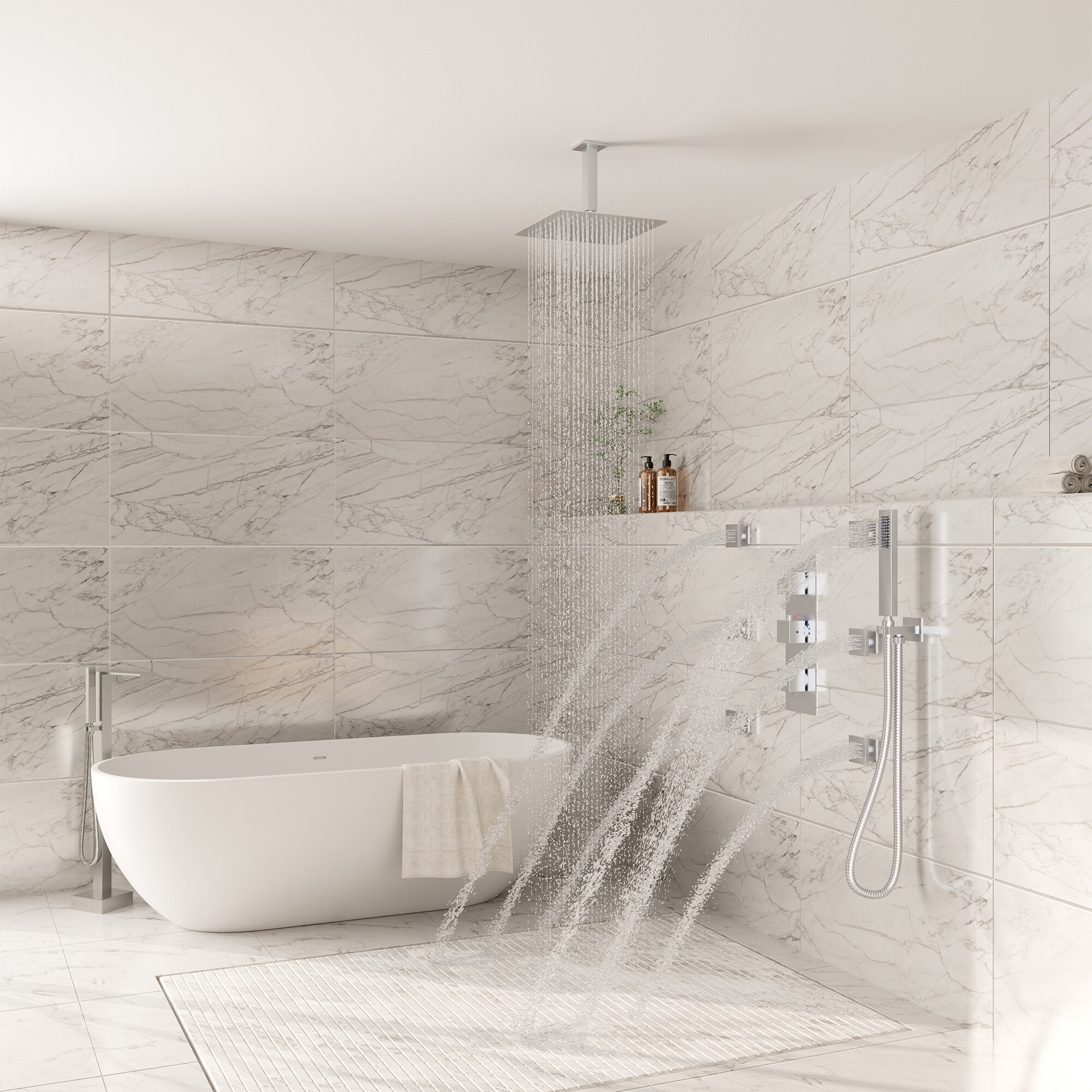 Brushed Nickel Ceiling Mounted Dual Shower System with Body Jets