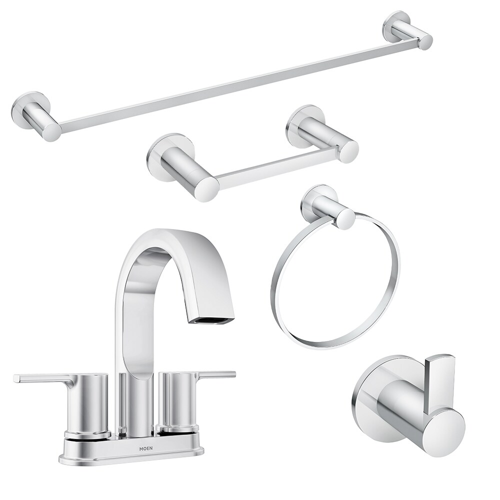 Moen  Avri 4in Centerset 2-Handle Bathroom Faucet with 24 in. Towel Bar, Towel Ring, Paper Holder & Robe Hook in Chrome